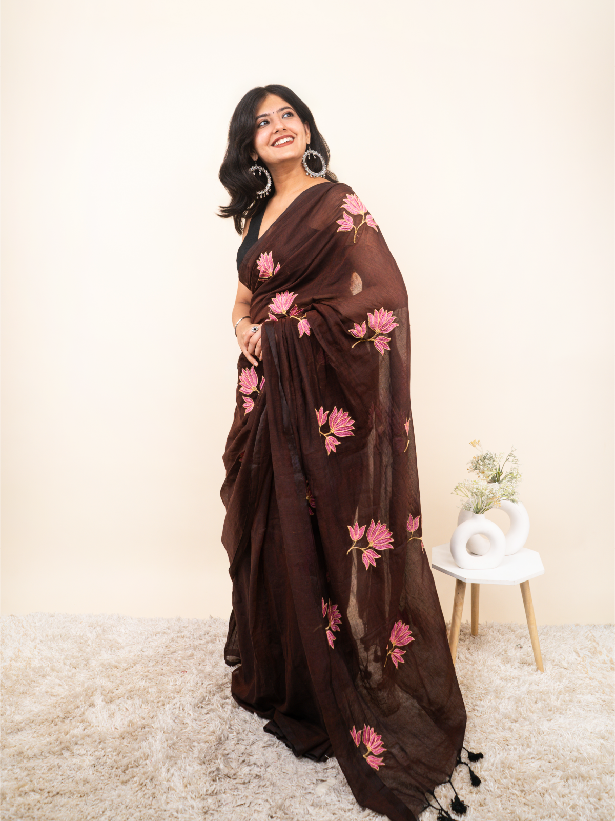 Rustic Brown Mulmul Saree