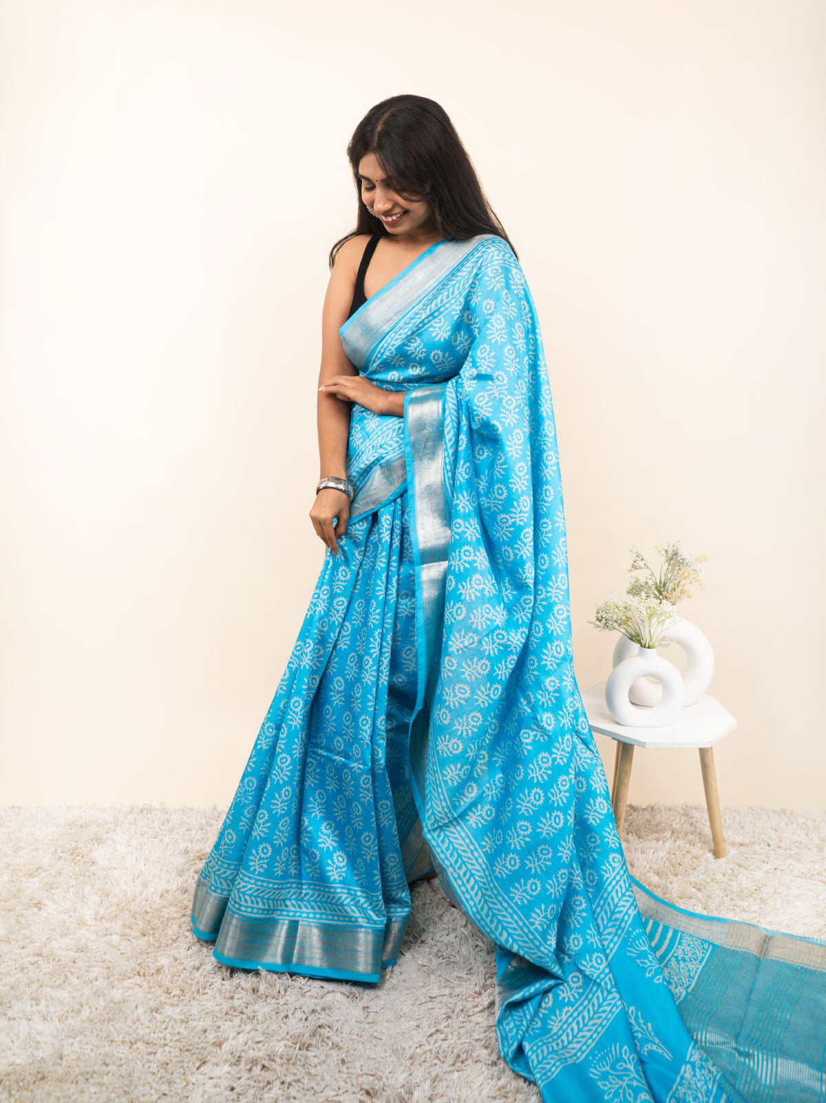 Deep Sea Drape Maheshwari Cotton Silk Saree