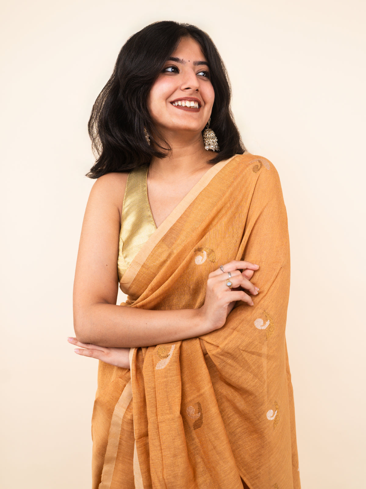 Saffron Gold Linen Tissue Saree