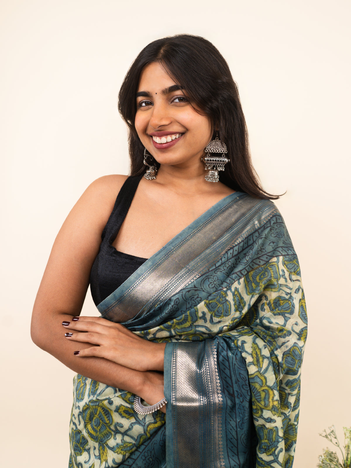Indigo Bloom Maheshwari Cotton Silk Saree