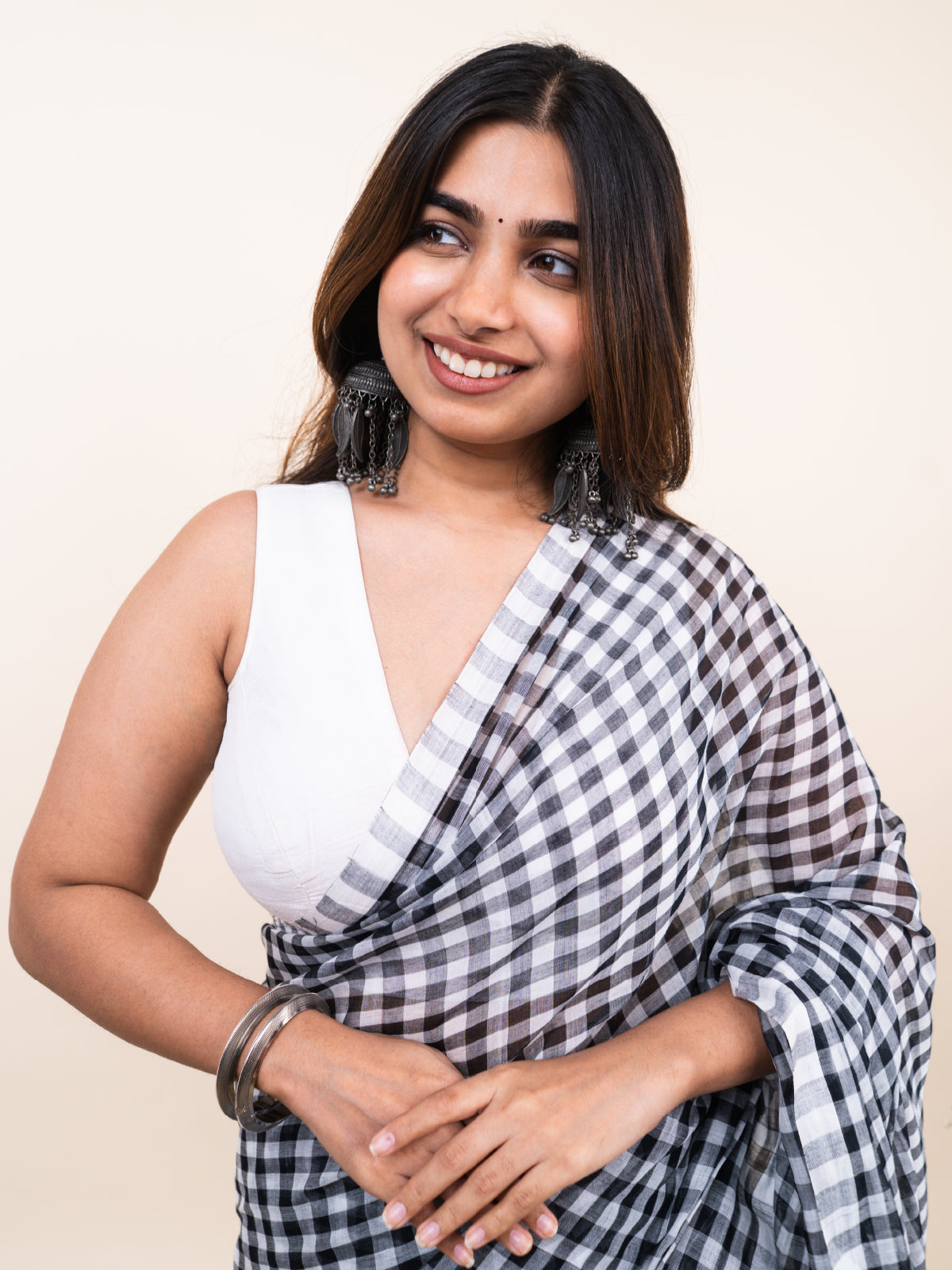Black Checks Mulmul Saree