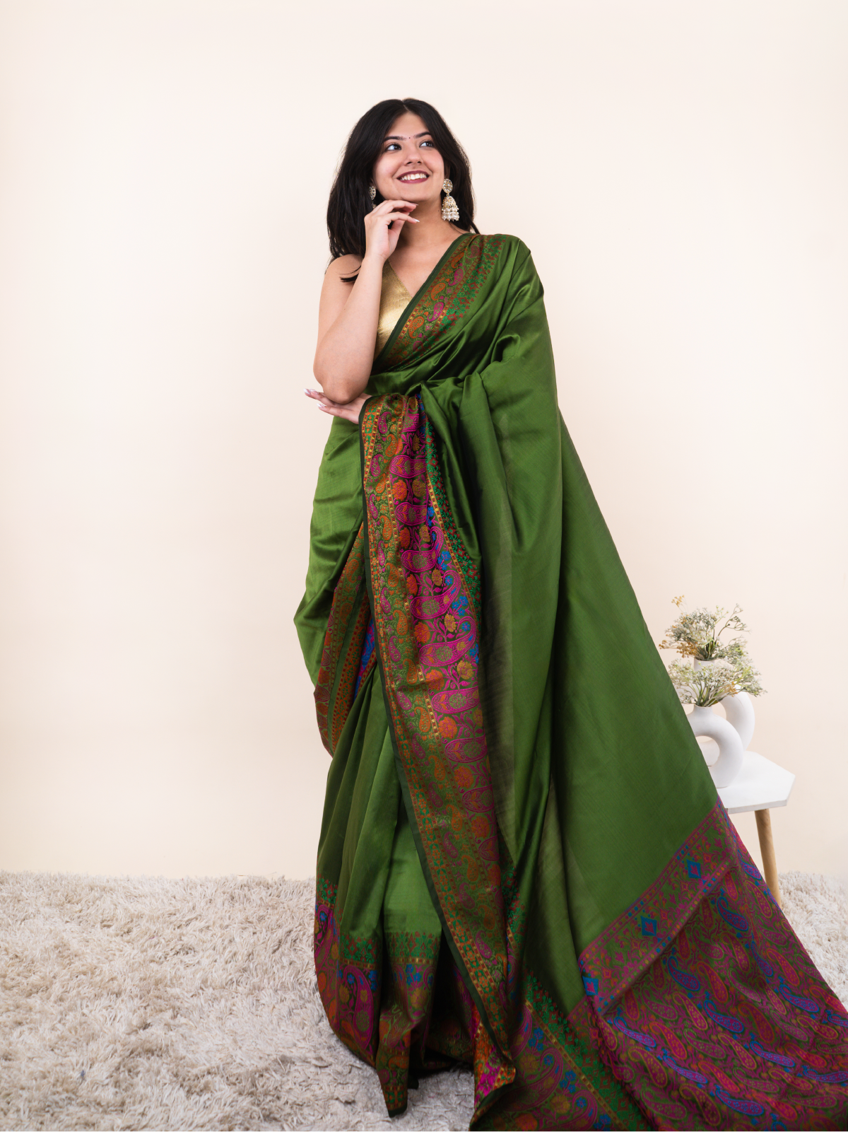 Olive Zari Bloom Silk Saree