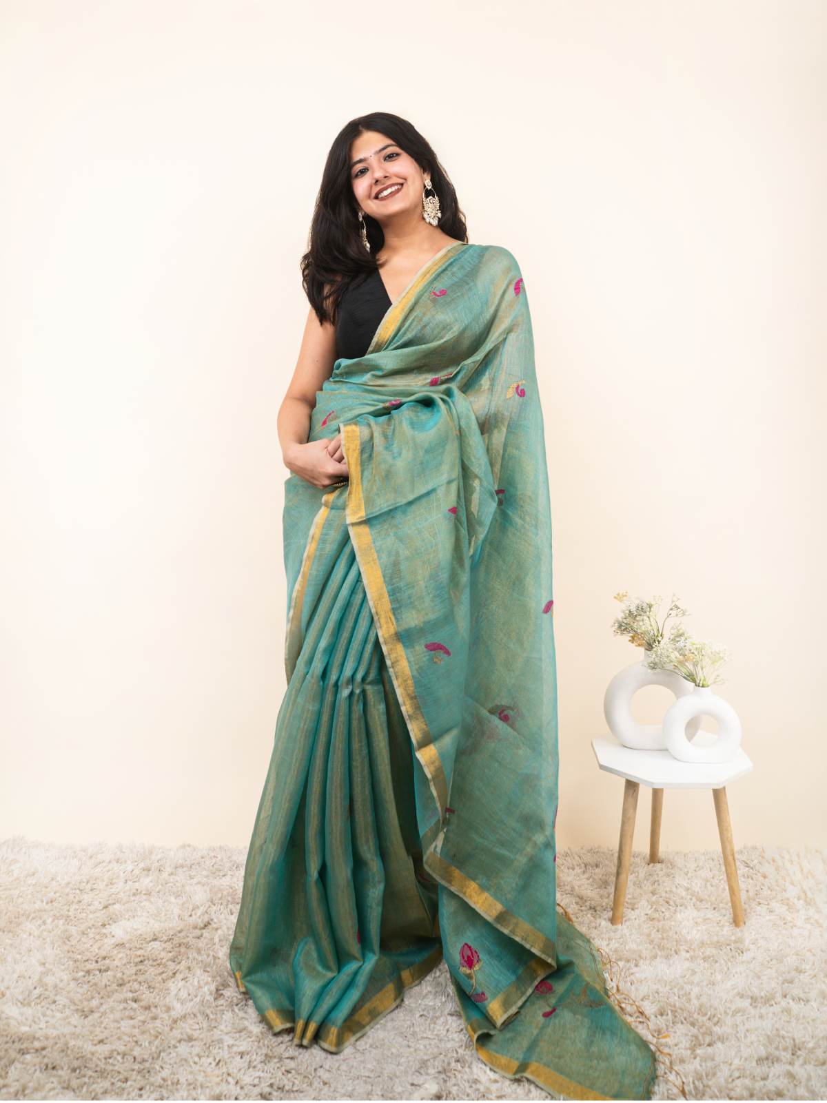 Emerald Flow Linen Tissue Saree