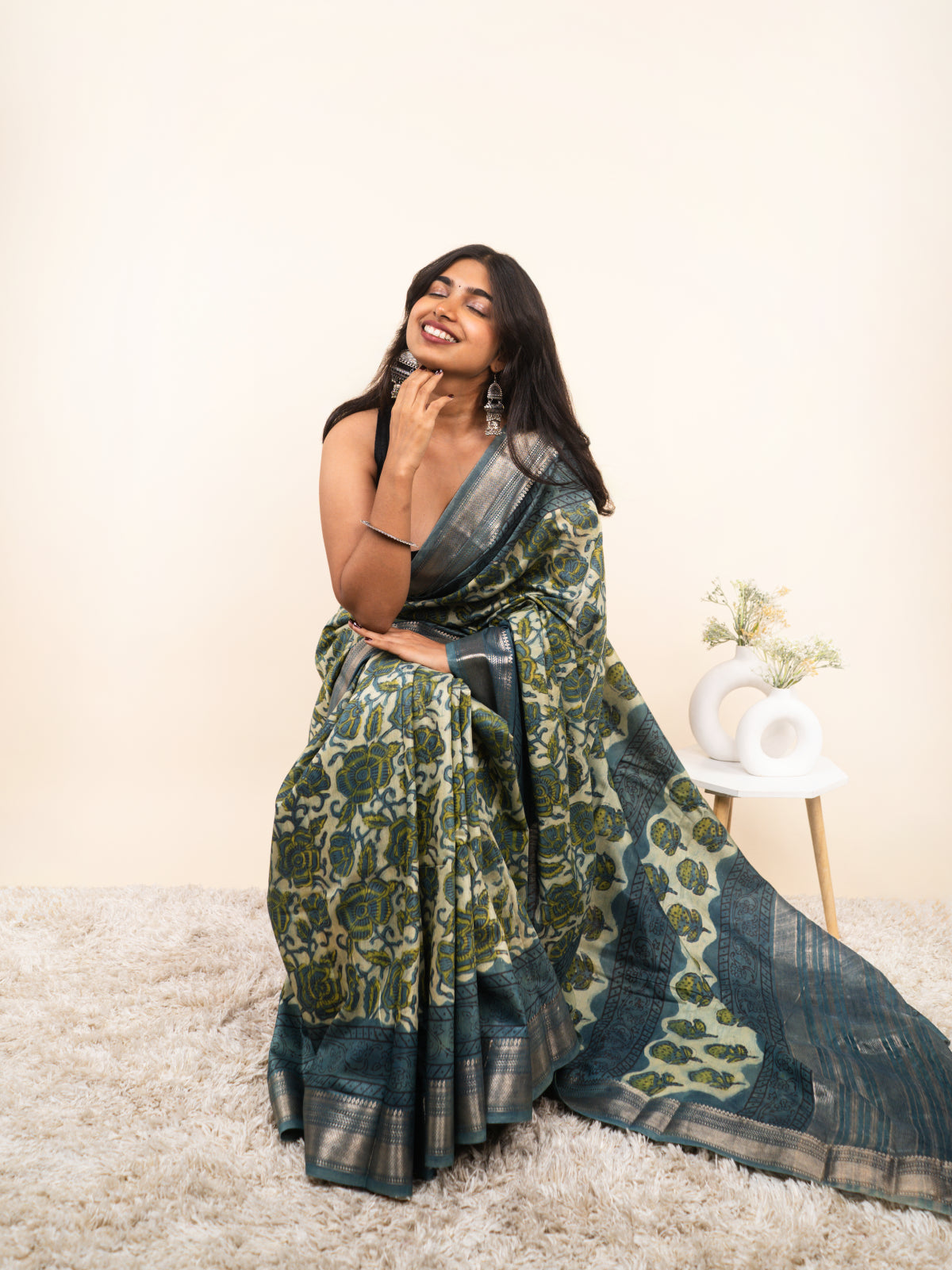 Indigo Bloom Maheshwari Cotton Silk Saree