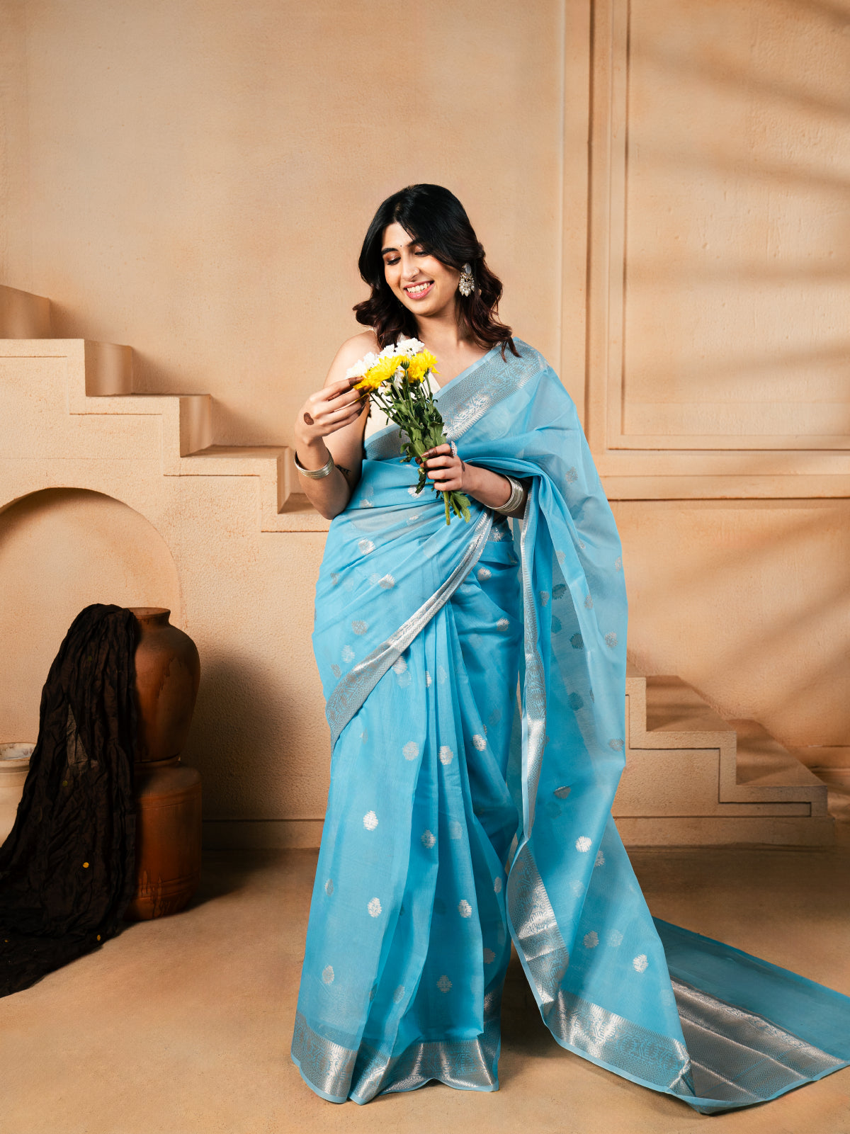 Sky Flower Banarasi Cotton Silk Saree
