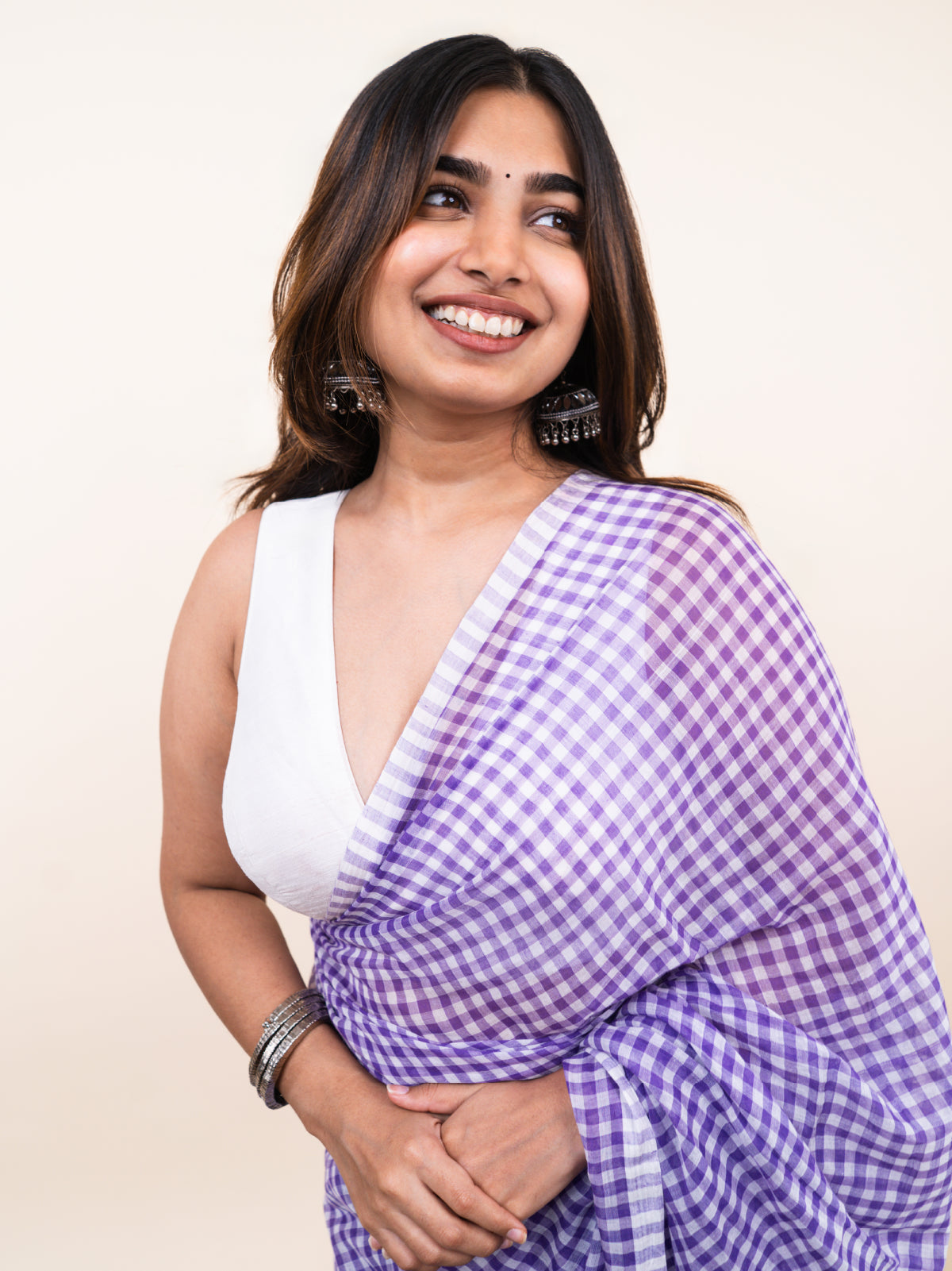 Lavender Checks Mulmul Saree