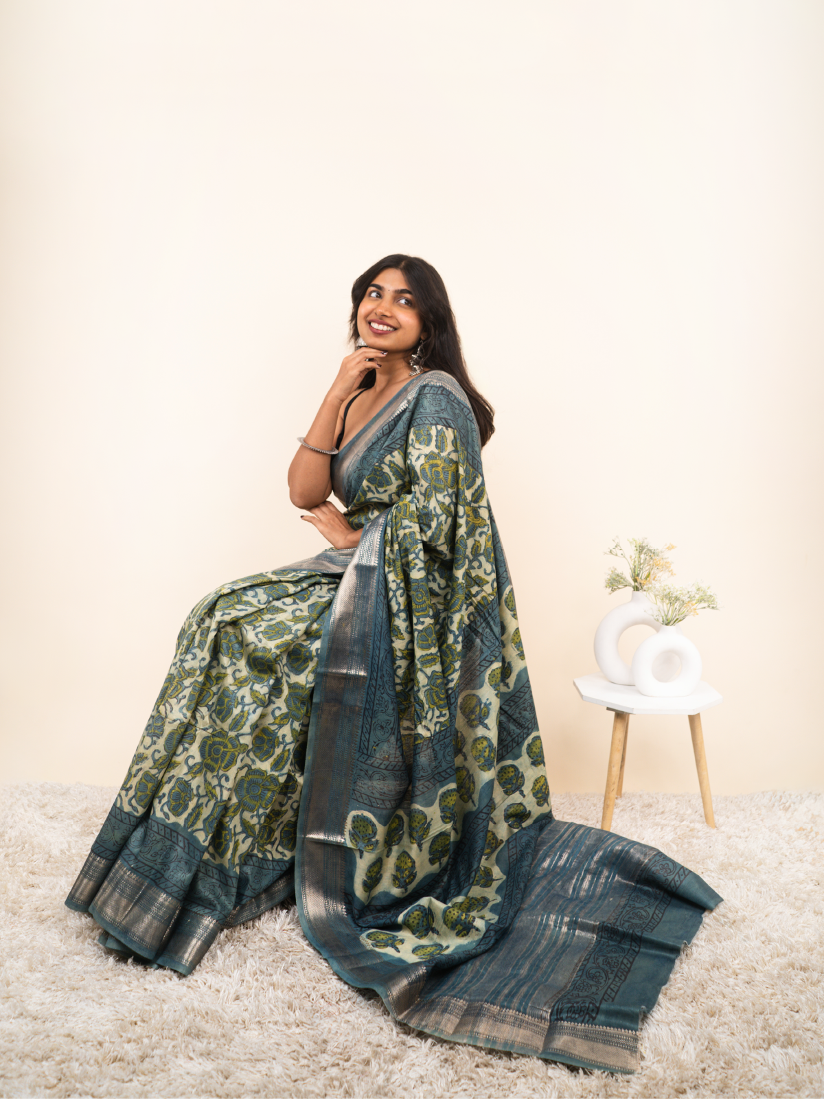 Indigo Bloom Maheshwari Cotton Silk Saree