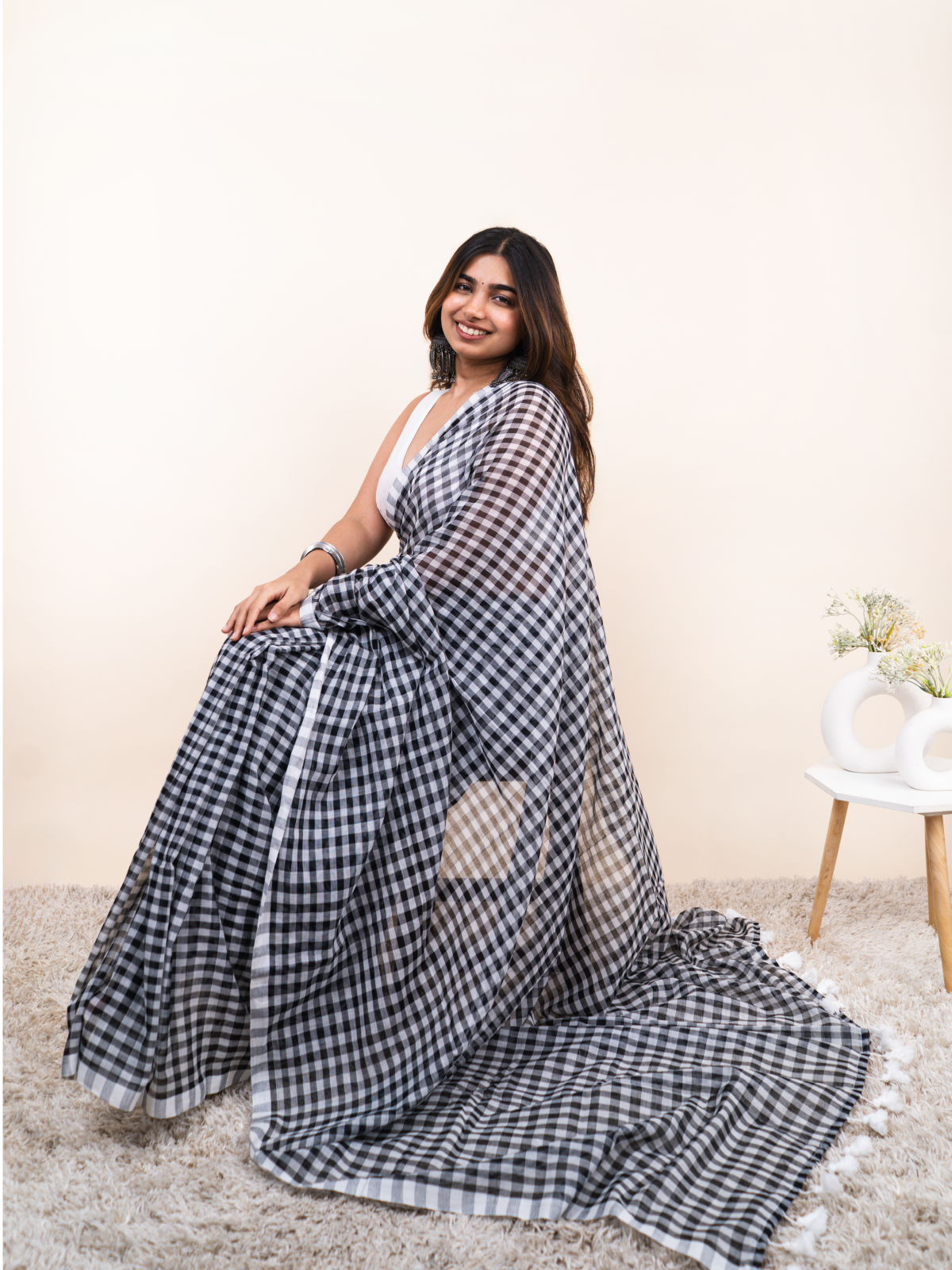 Black Checks Mulmul Saree