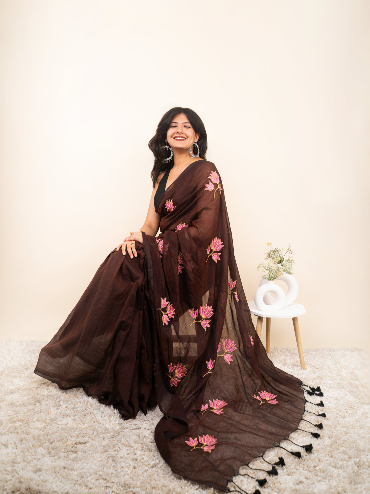 Rustic Brown Mulmul Saree