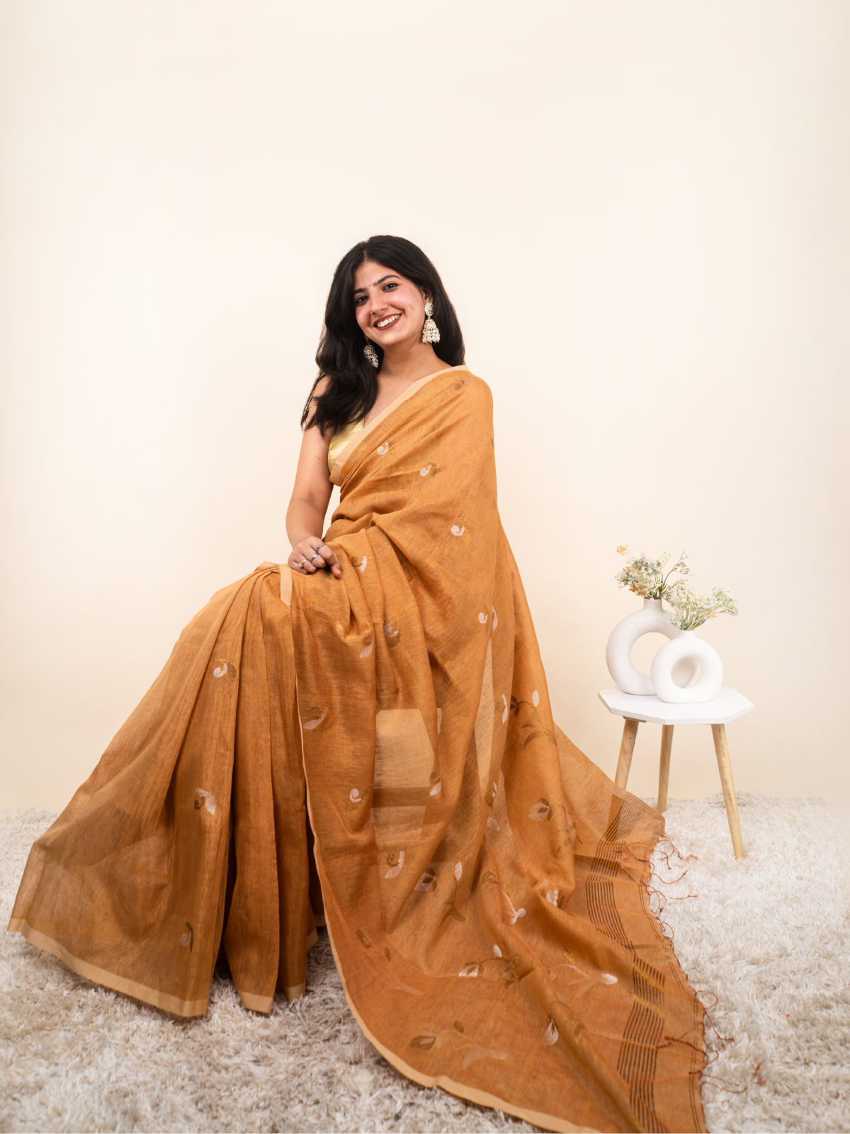 Saffron Gold Linen Tissue Saree