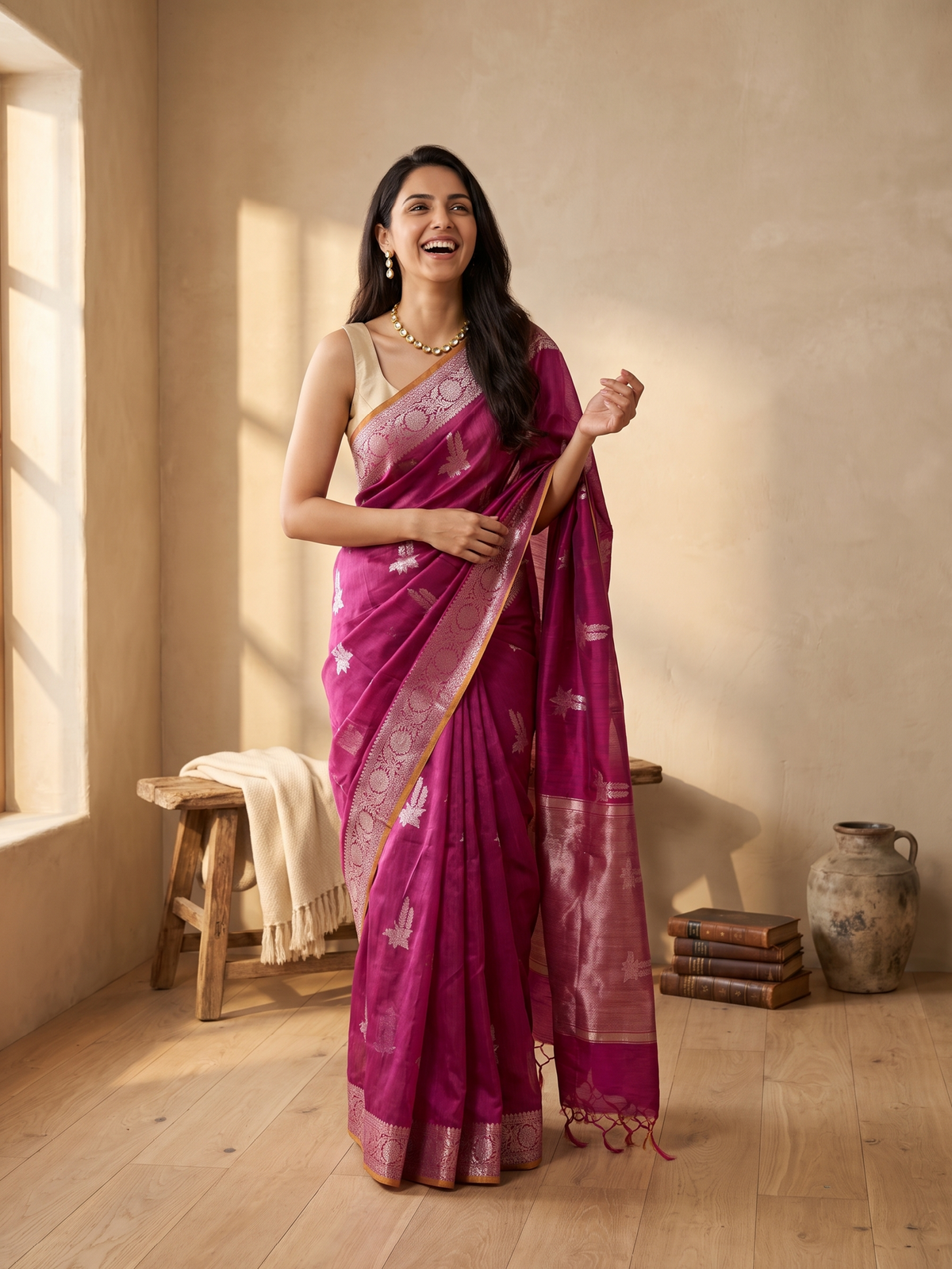 Wine Royale Tussar Silk Banarasi Saree