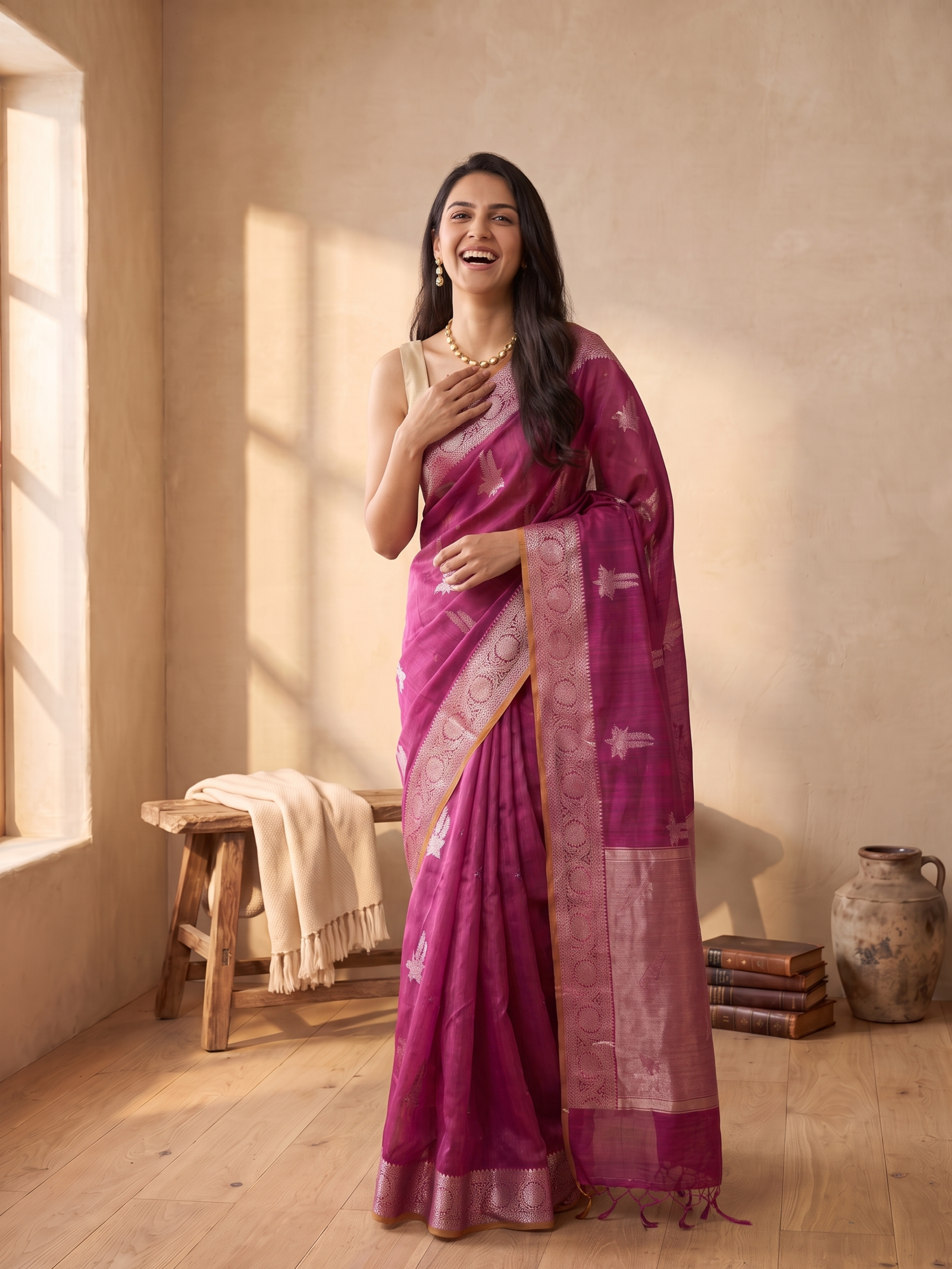 Wine Royale Tussar Silk Banarasi Saree