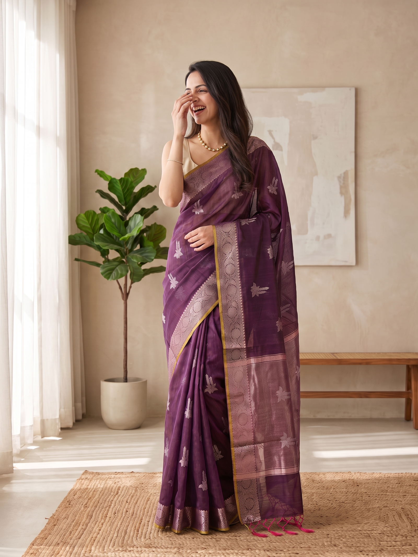 Gulabi Shaam Tussar Silk Banarasi Saree
