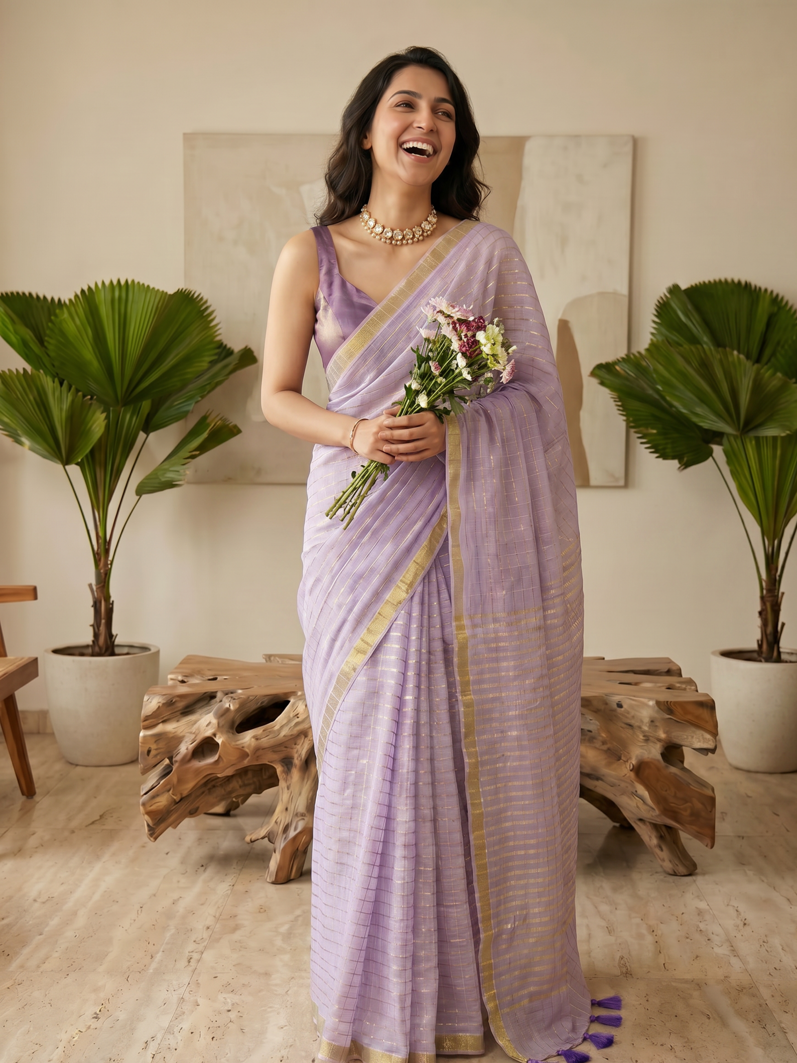 Lilac Gold Mulmul Saree