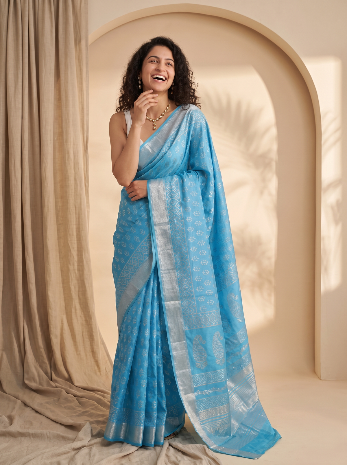 Powder Blue Maheshwari Cotton Silk Saree
