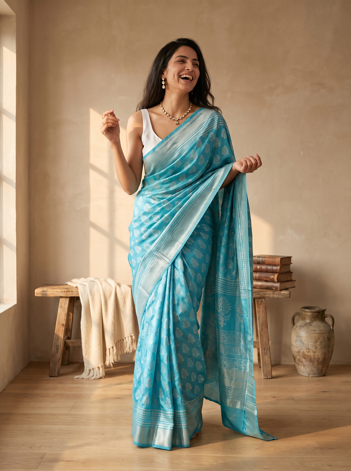 Cloud Blue Maheshwari Cotton Silk Saree