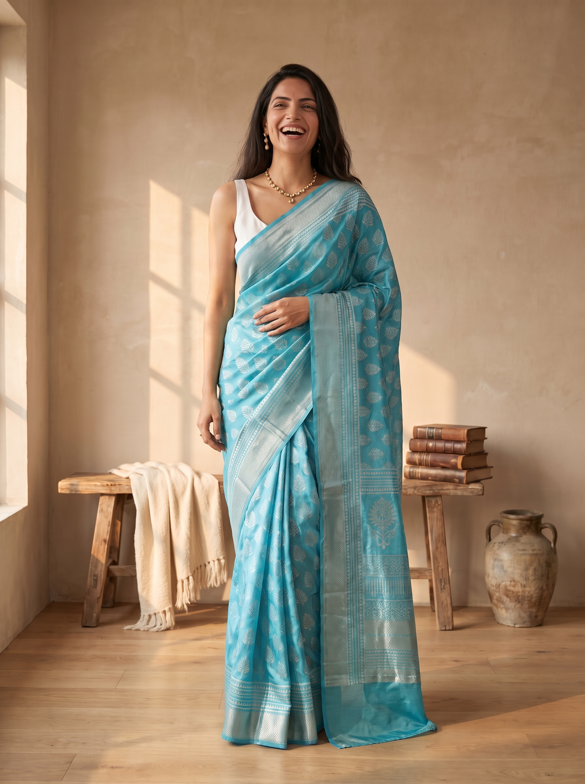 Cloud Blue Maheshwari Cotton Silk Saree