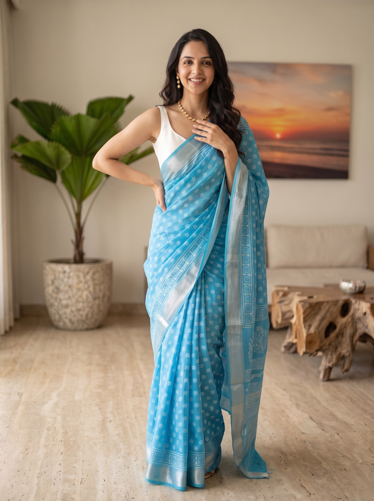 Celestial Blue Maheshwari Cotton Silk Saree