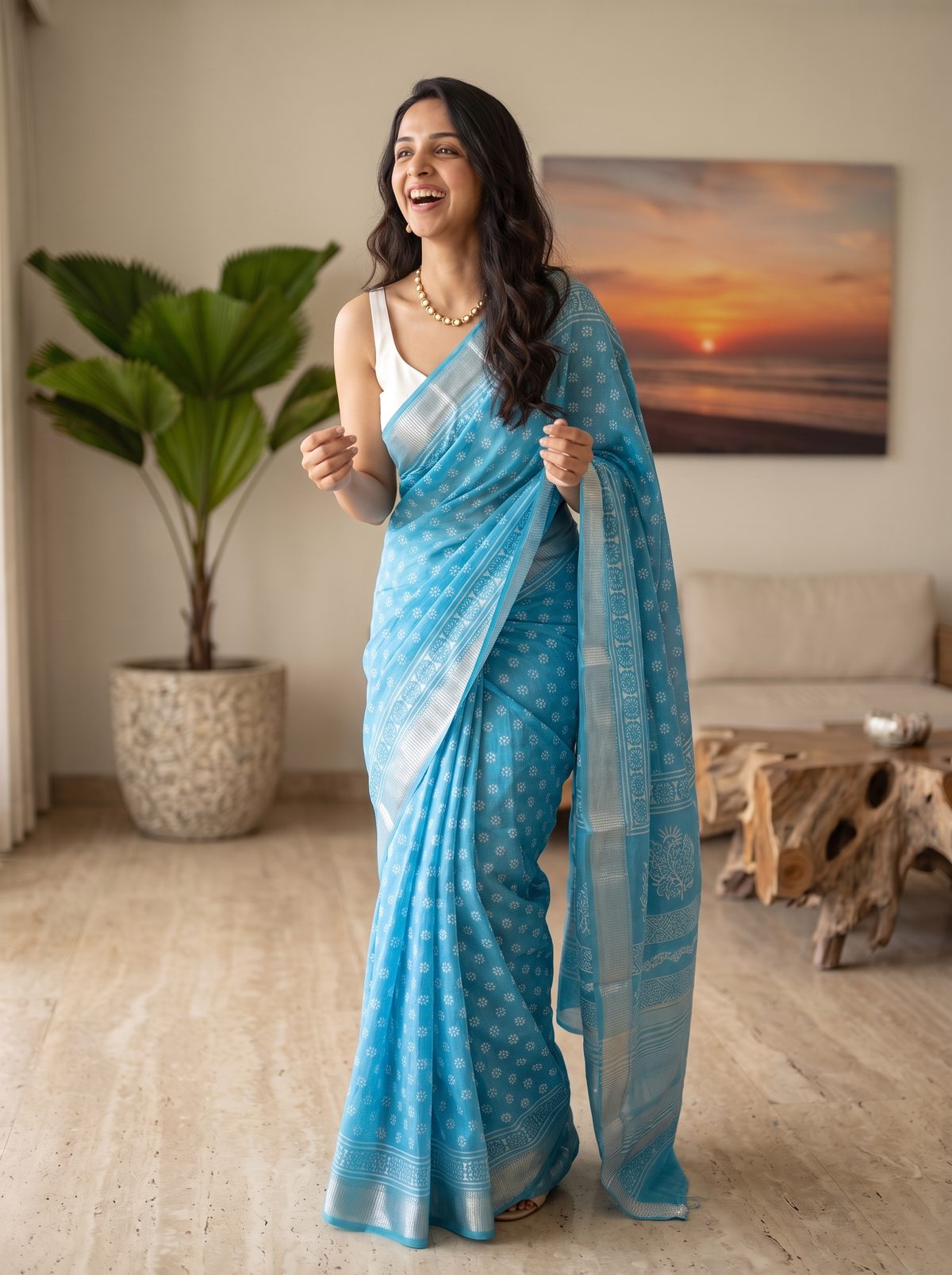 Celestial Blue Maheshwari Cotton Silk Saree