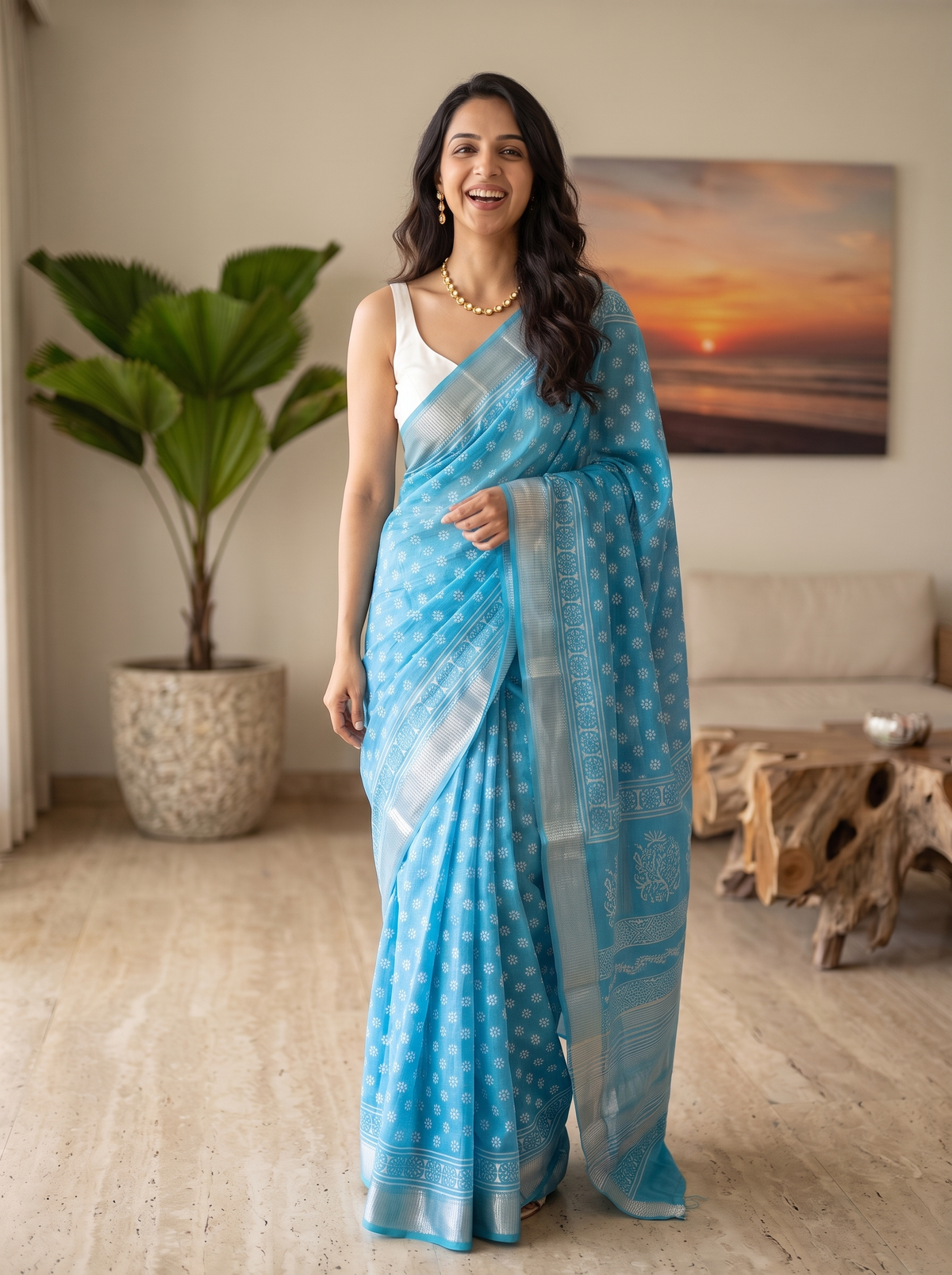 Celestial Blue Maheshwari Cotton Silk Saree