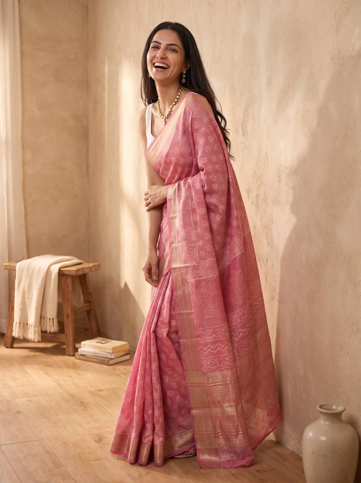 Pink Amour Maheshwari Cotton Silk Saree