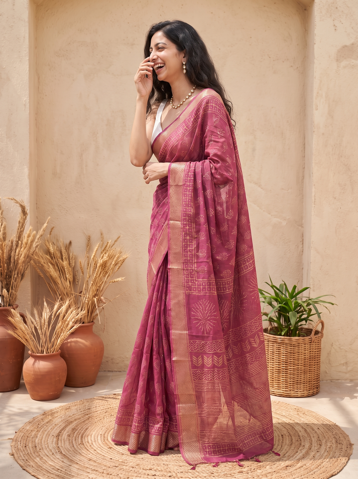 Rose Rang Maheshwari Cotton Silk Saree