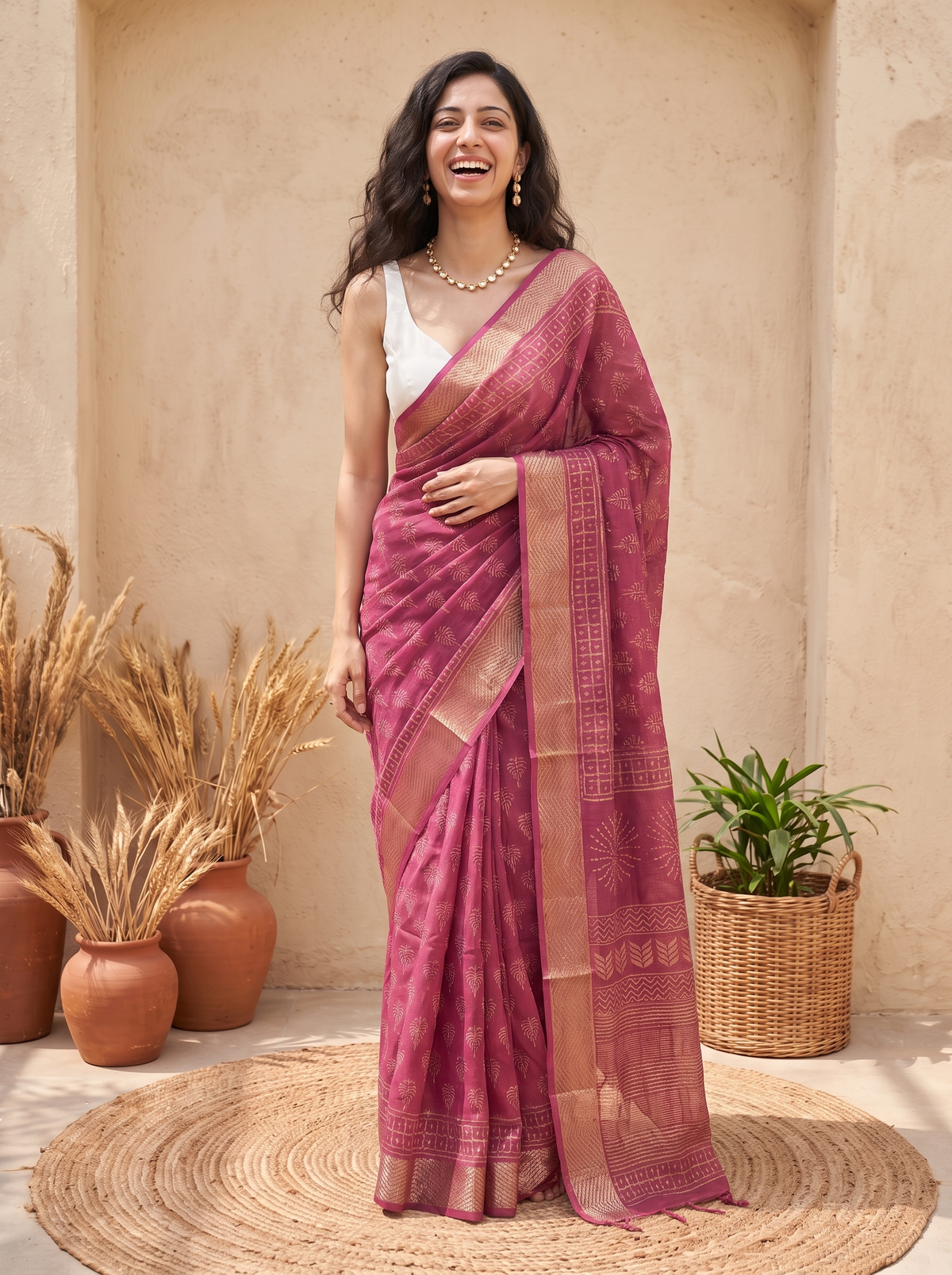 Rose Rang Maheshwari Cotton Silk Saree