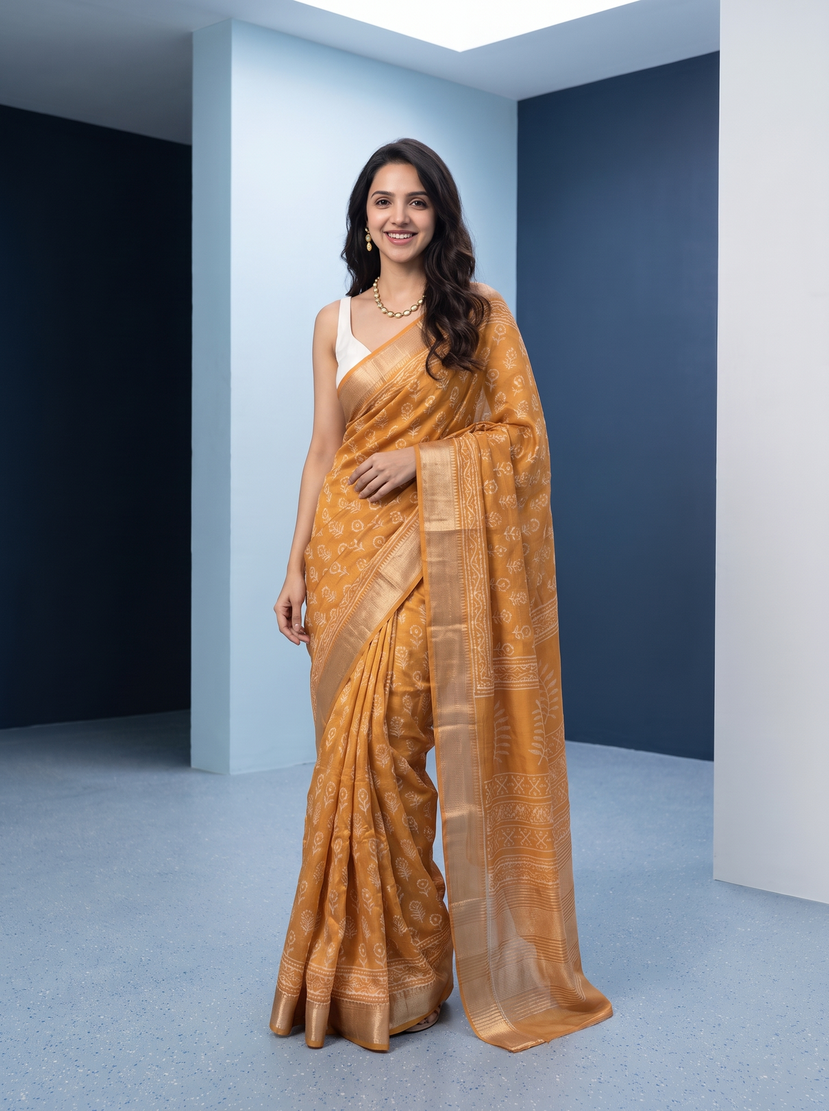 Mellow Gold Maheshwari Cotton Silk Saree
