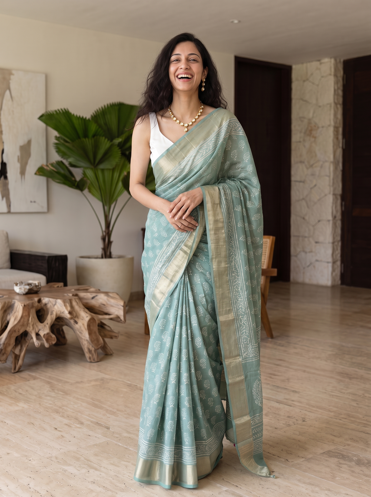Pistachio Pearl Maheshwari Cotton Silk Saree