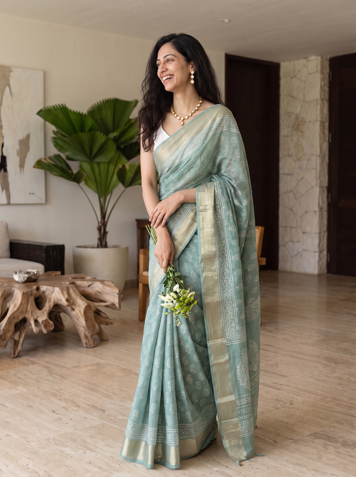 Pistachio Pearl Maheshwari Cotton Silk Saree