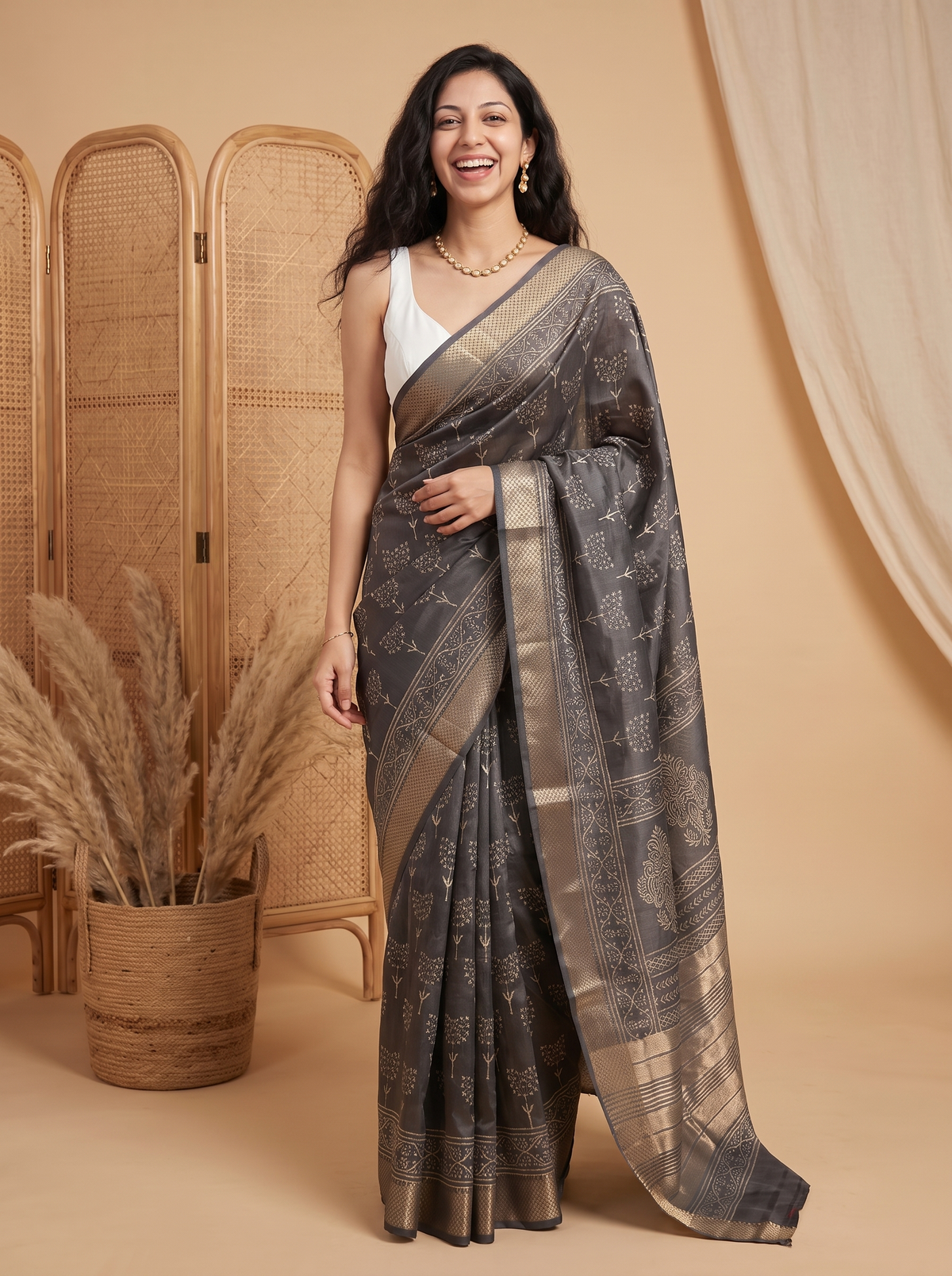 Smoky Rose Maheshwari Cotton Silk Saree