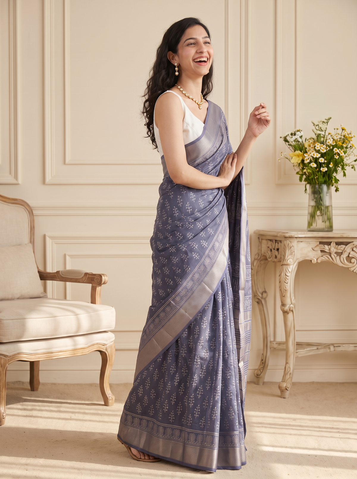 Silver Noor Maheshwari Cotton Silk Saree