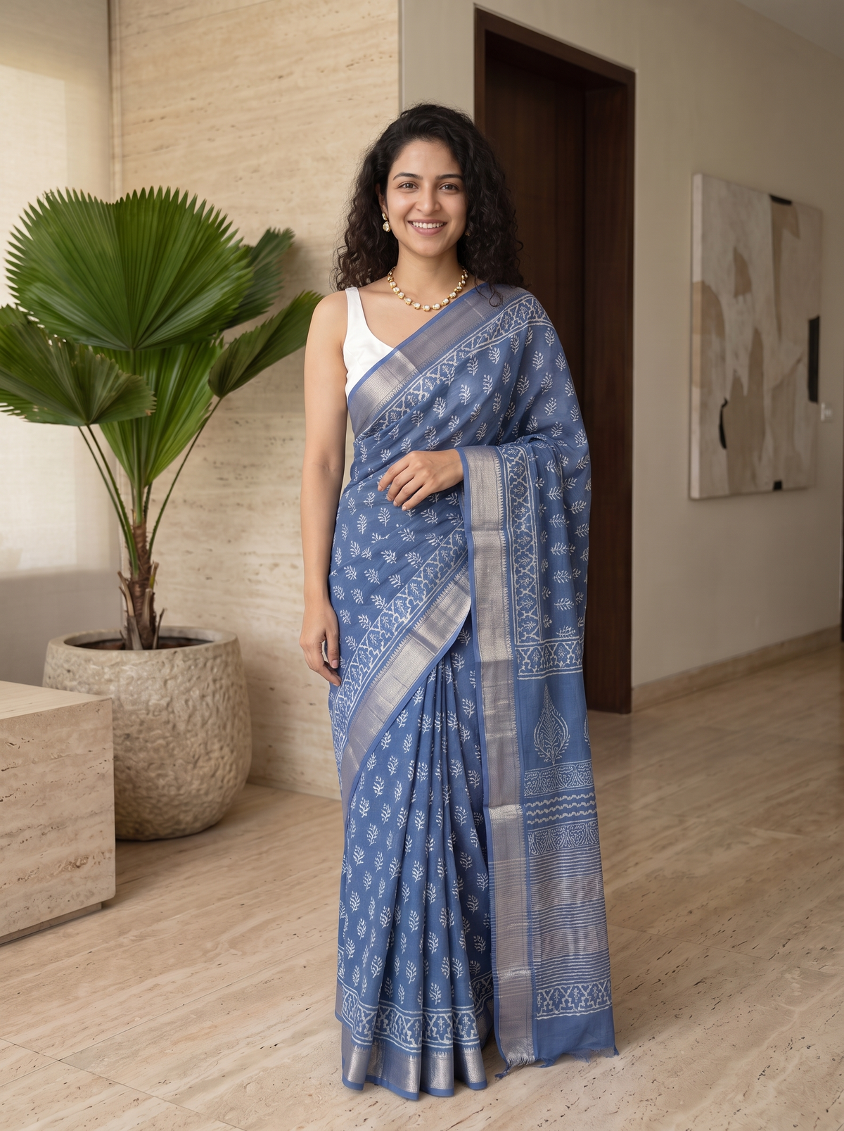 Misty Blue Maheshwari Cotton Silk Saree