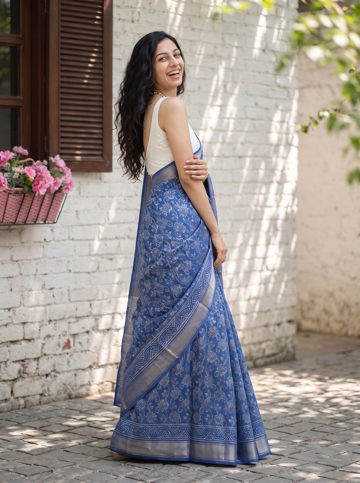Sapphire Blue Maheshwari Cotton Silk Saree