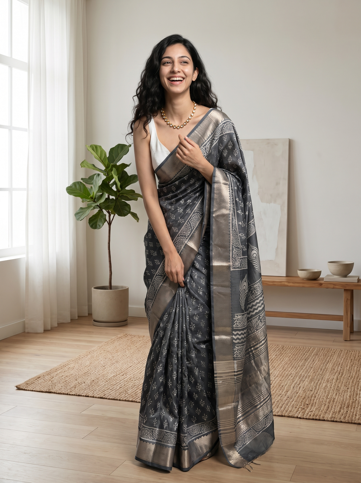 Sage Grey Maheshwari Cotton Silk Saree