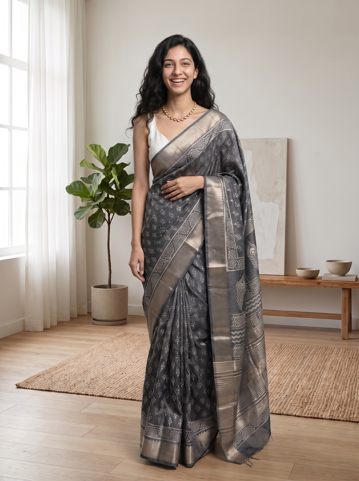 Sage Grey Maheshwari Cotton Silk Saree