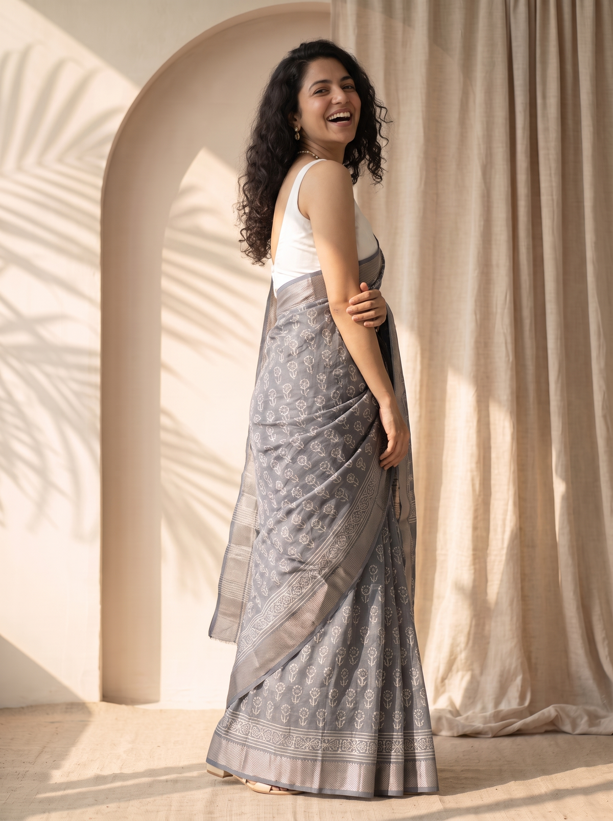 Warm Grey Maheshwari Cotton Silk Saree