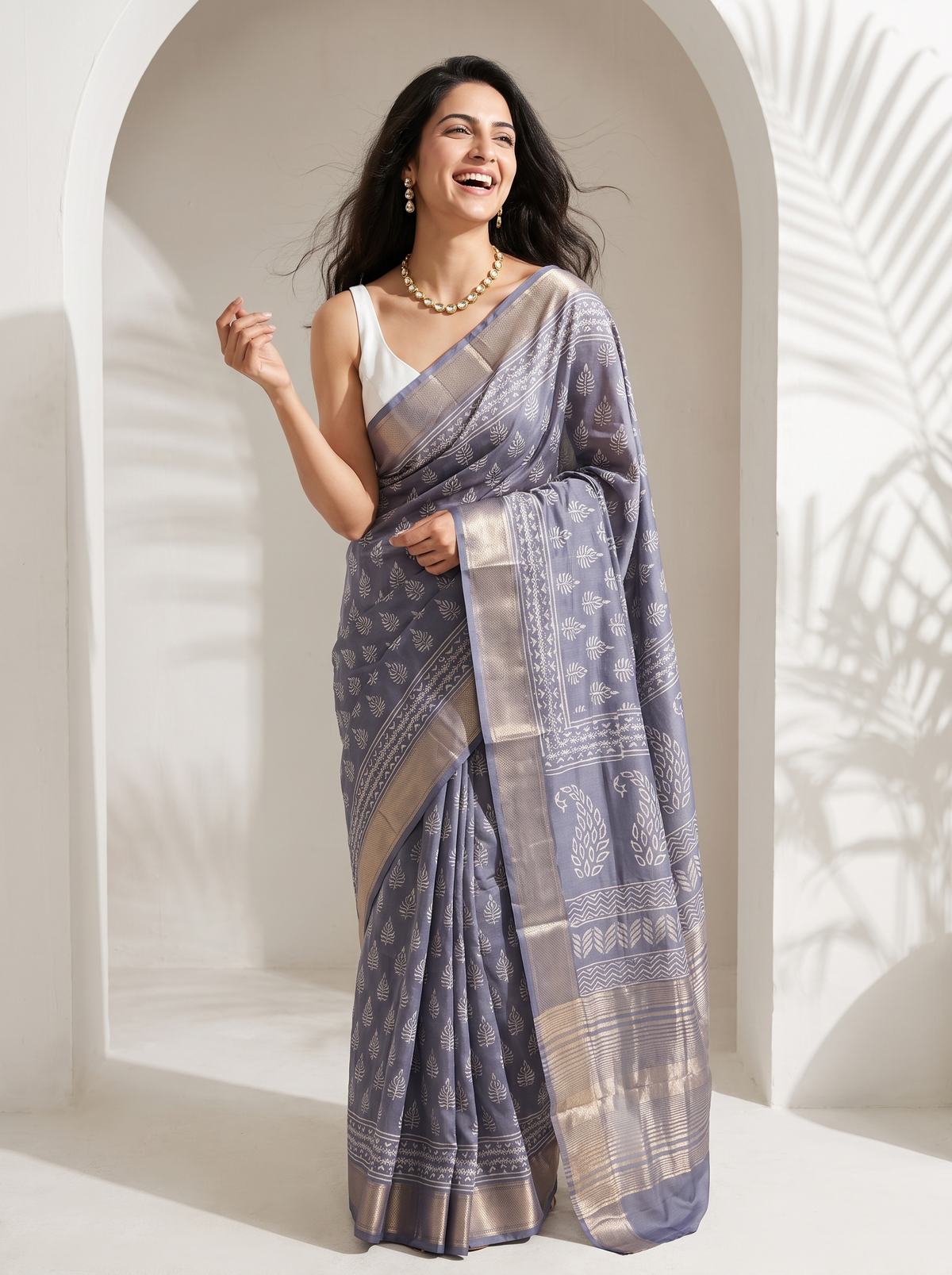 Lavender Grey Maheshwari Cotton Silk Saree