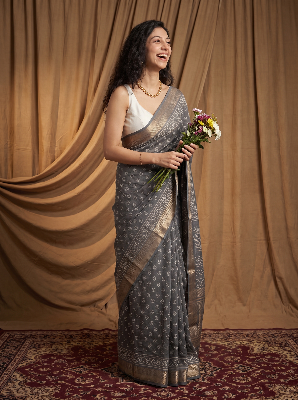 Cloud Grey Maheshwari Cotton Silk Saree