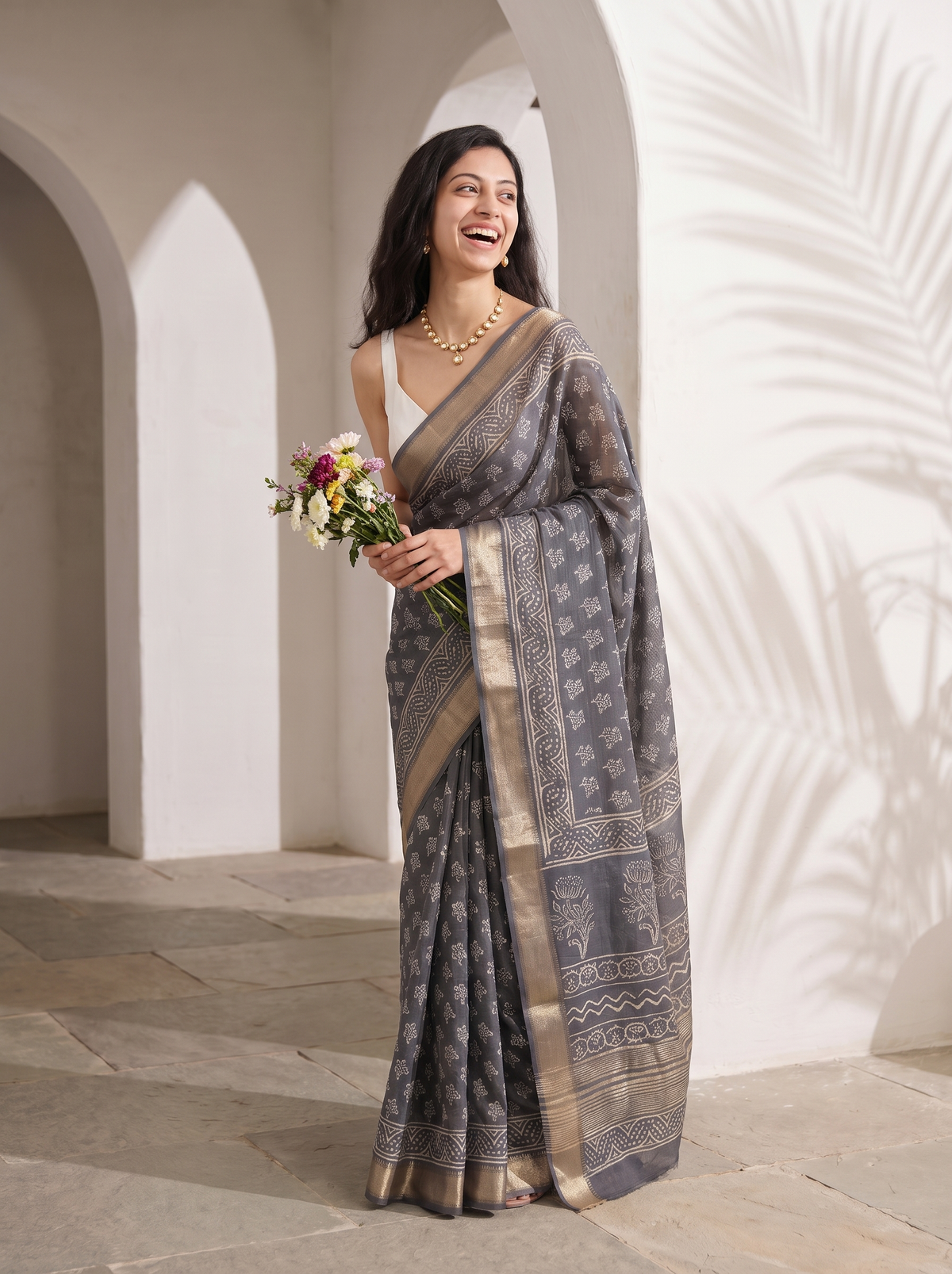 Dusty Grey Maheshwari Cotton Silk Saree