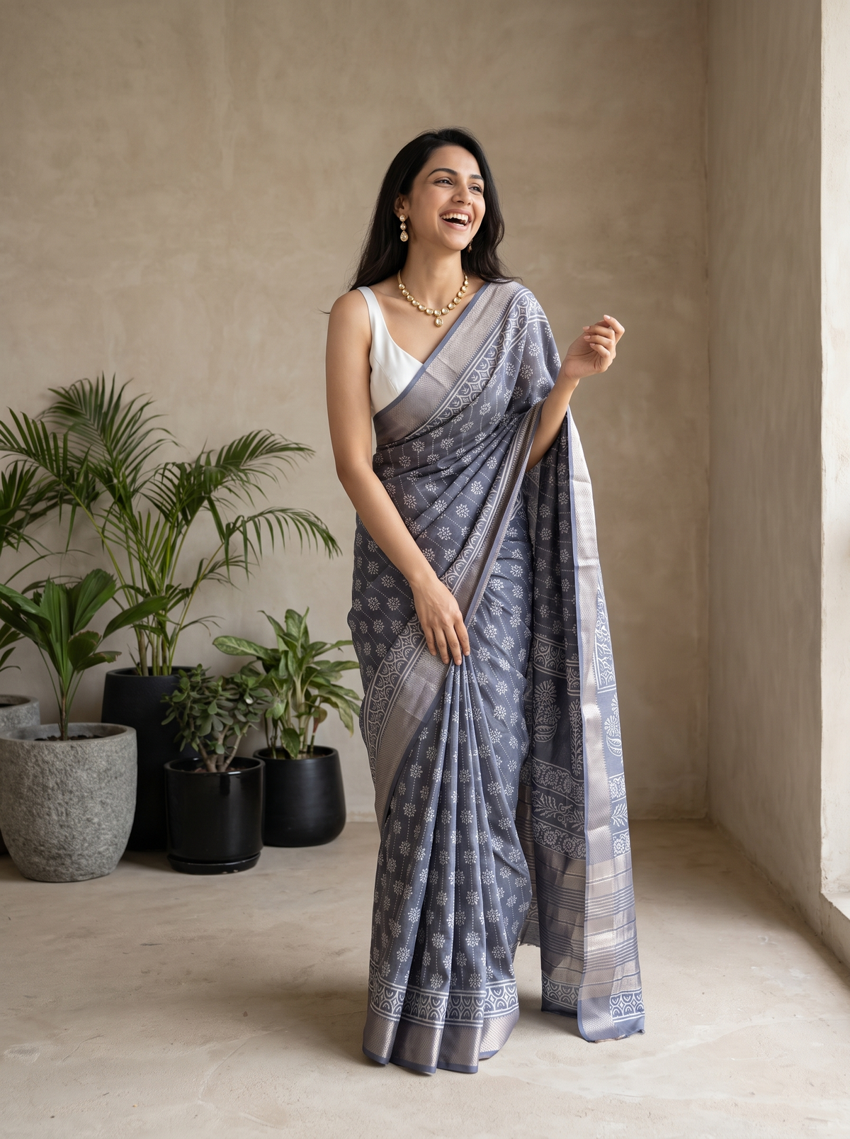 Mist Grey Maheshwari Cotton Silk Saree