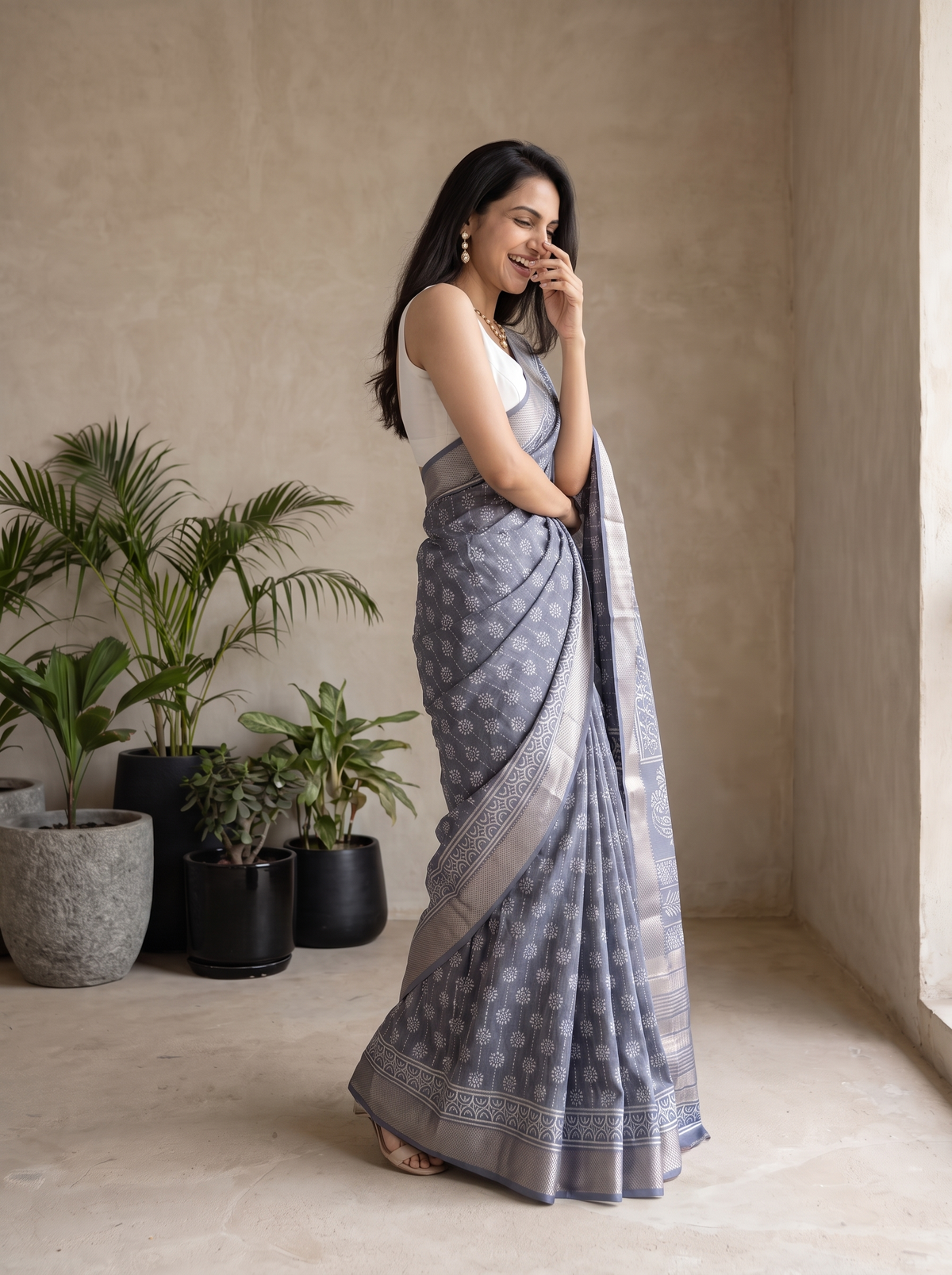 Mist Grey Maheshwari Cotton Silk Saree