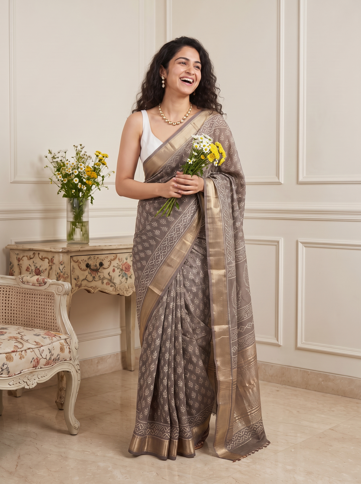 Pearl Grey Maheshwari Cotton Silk Saree