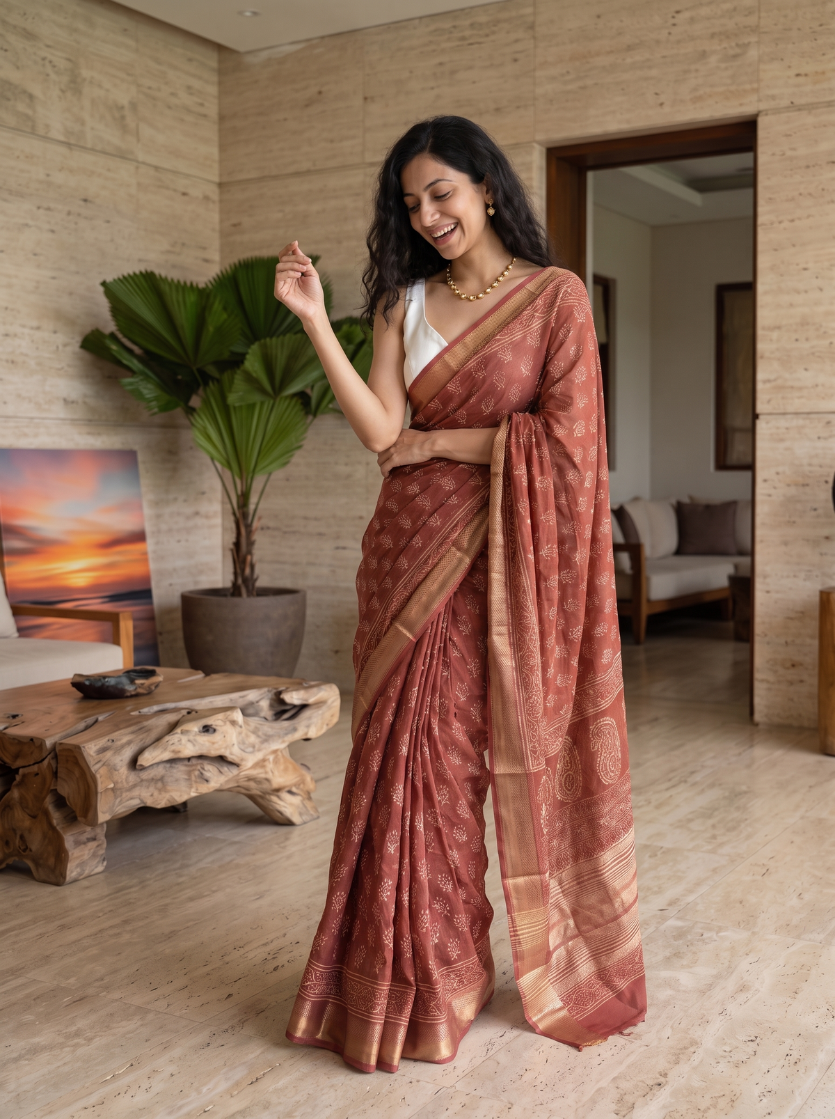 Burnt Rose Maheshwari Cotton Silk Saree