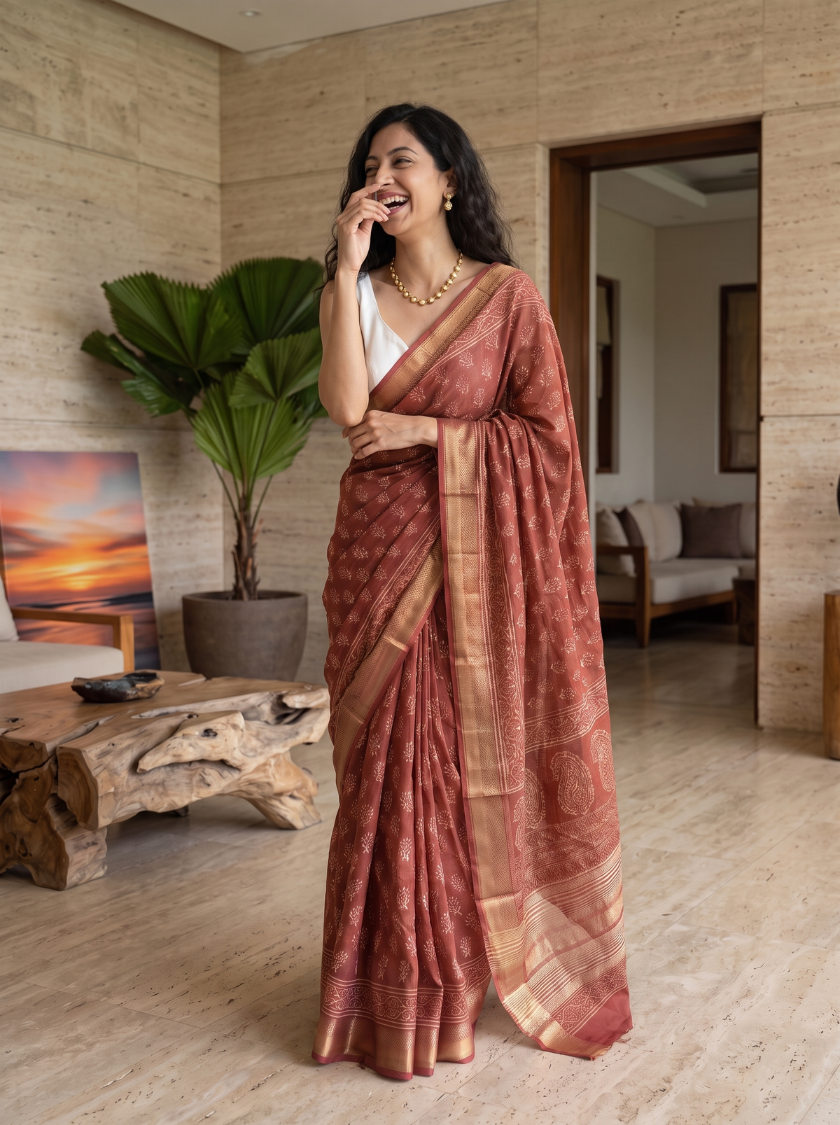 Burnt Rose Maheshwari Cotton Silk Saree