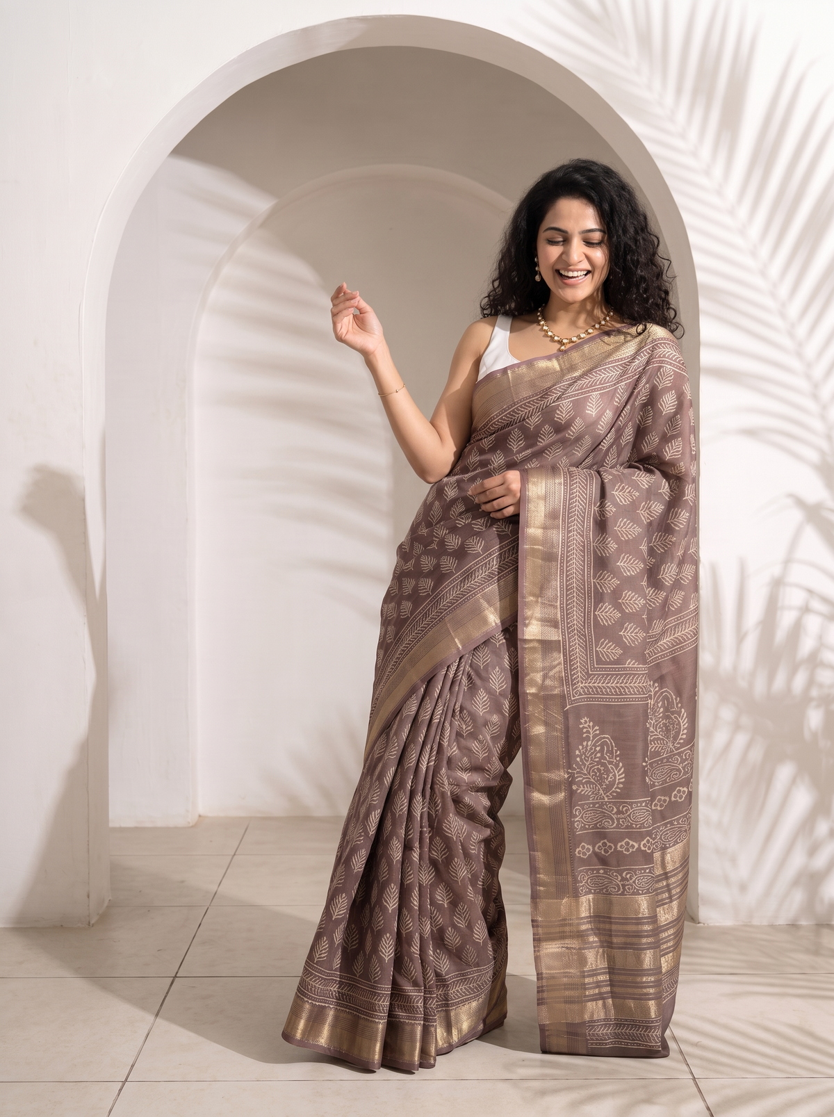 Smoky Taupe Maheshwari Cotton Silk Saree