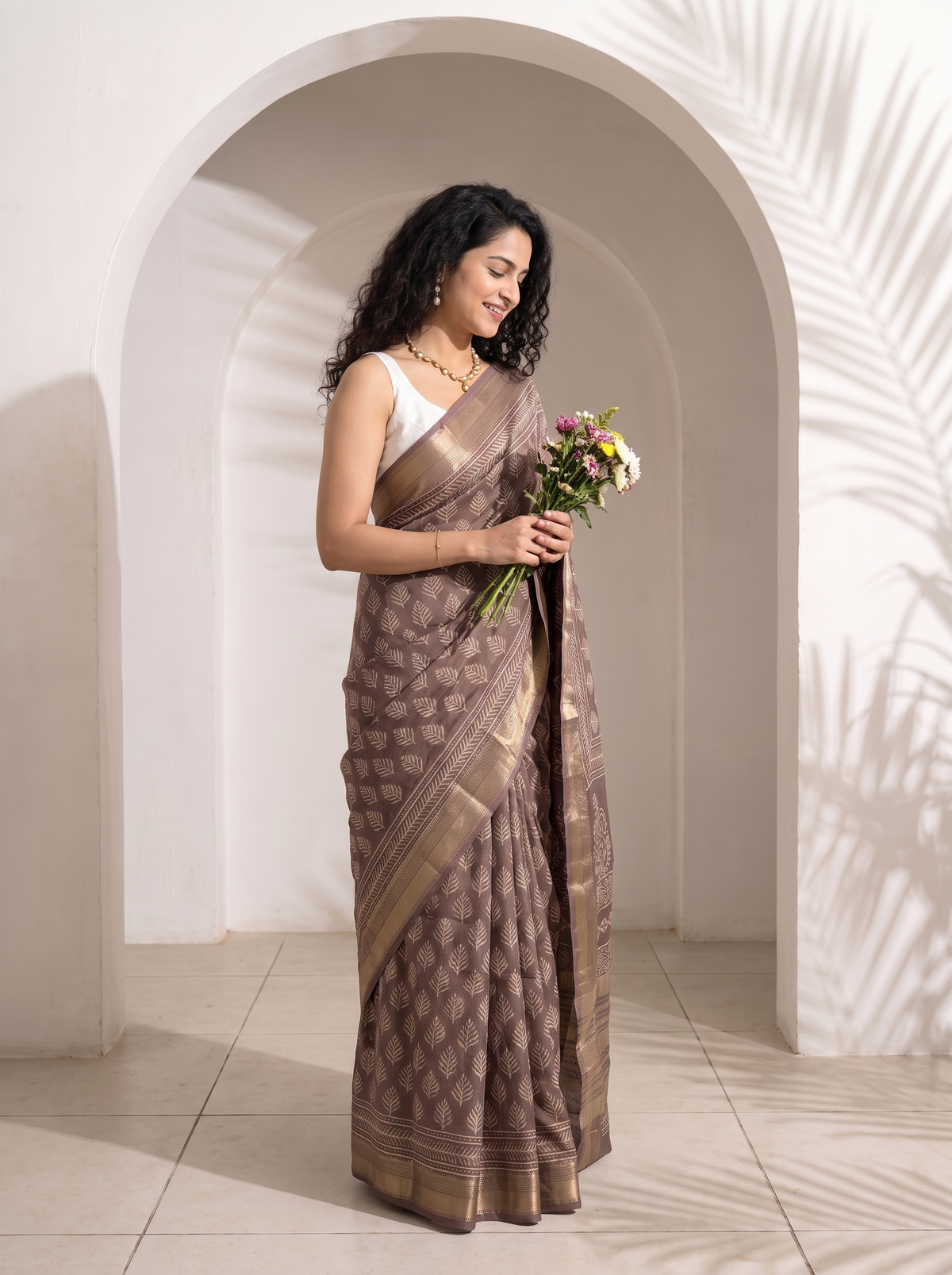 Smoky Taupe Maheshwari Cotton Silk Saree