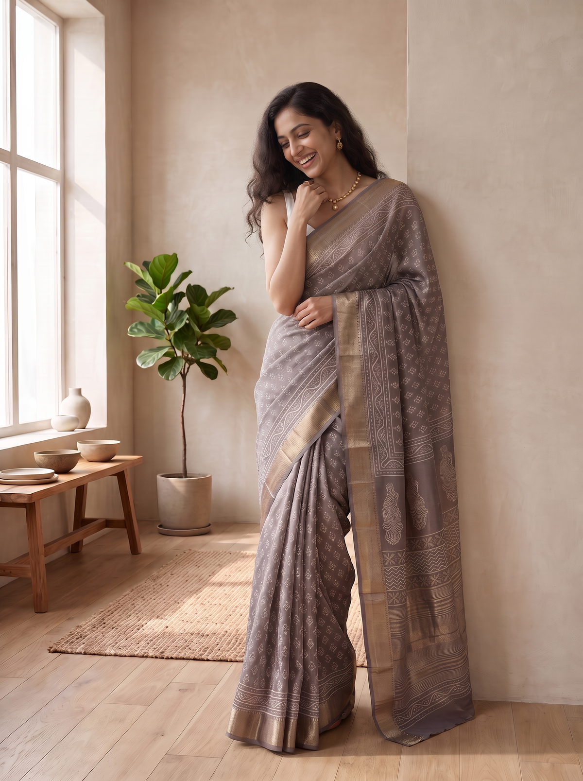 Ash Brown Maheshwari Cotton Silk Saree