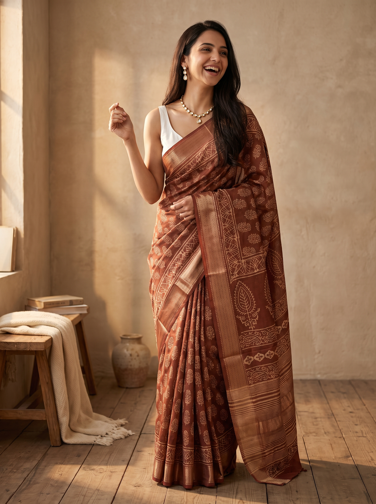 Mud Brown Maheshwari Cotton Silk Saree