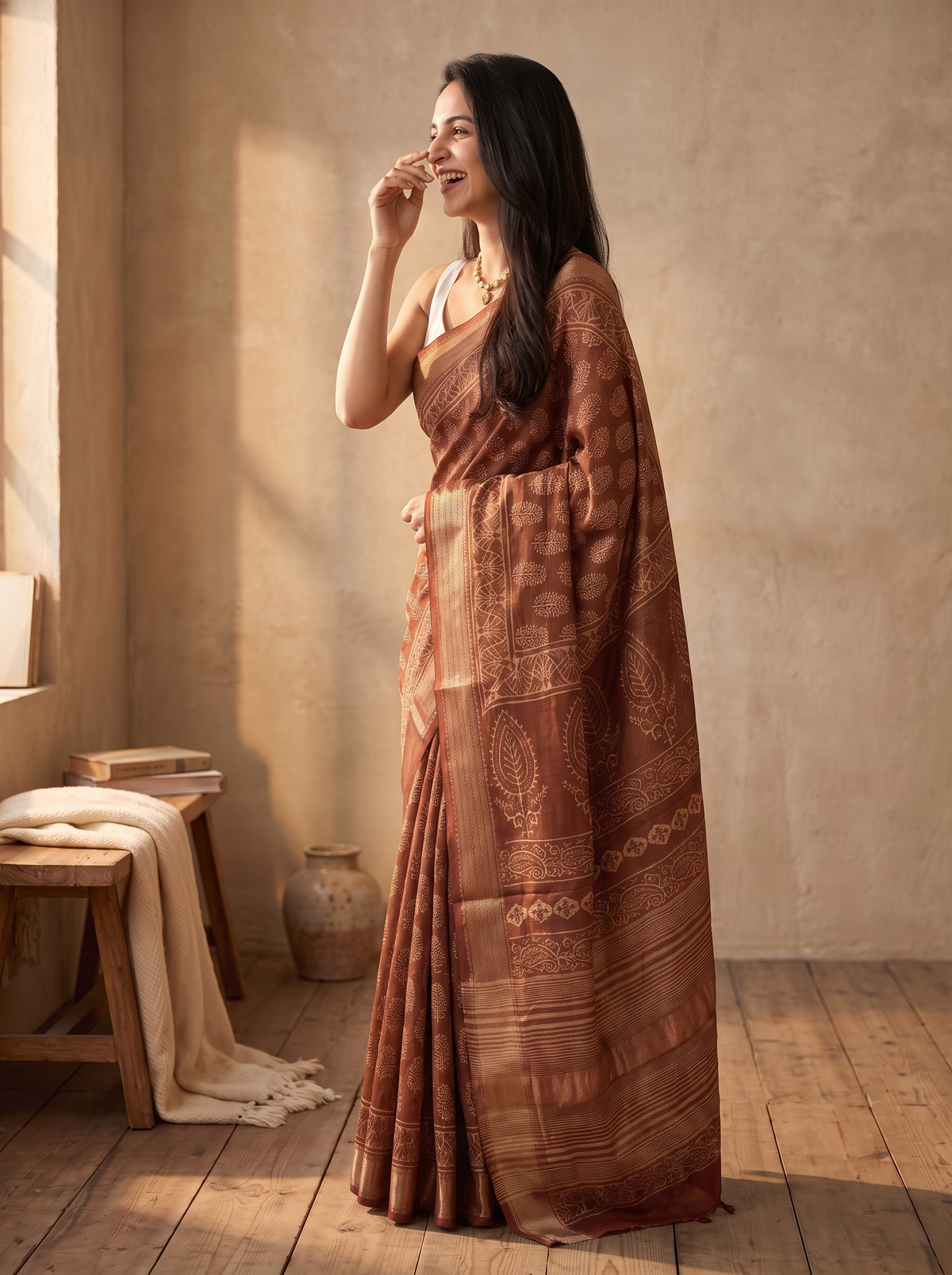 Mud Brown Maheshwari Cotton Silk Saree